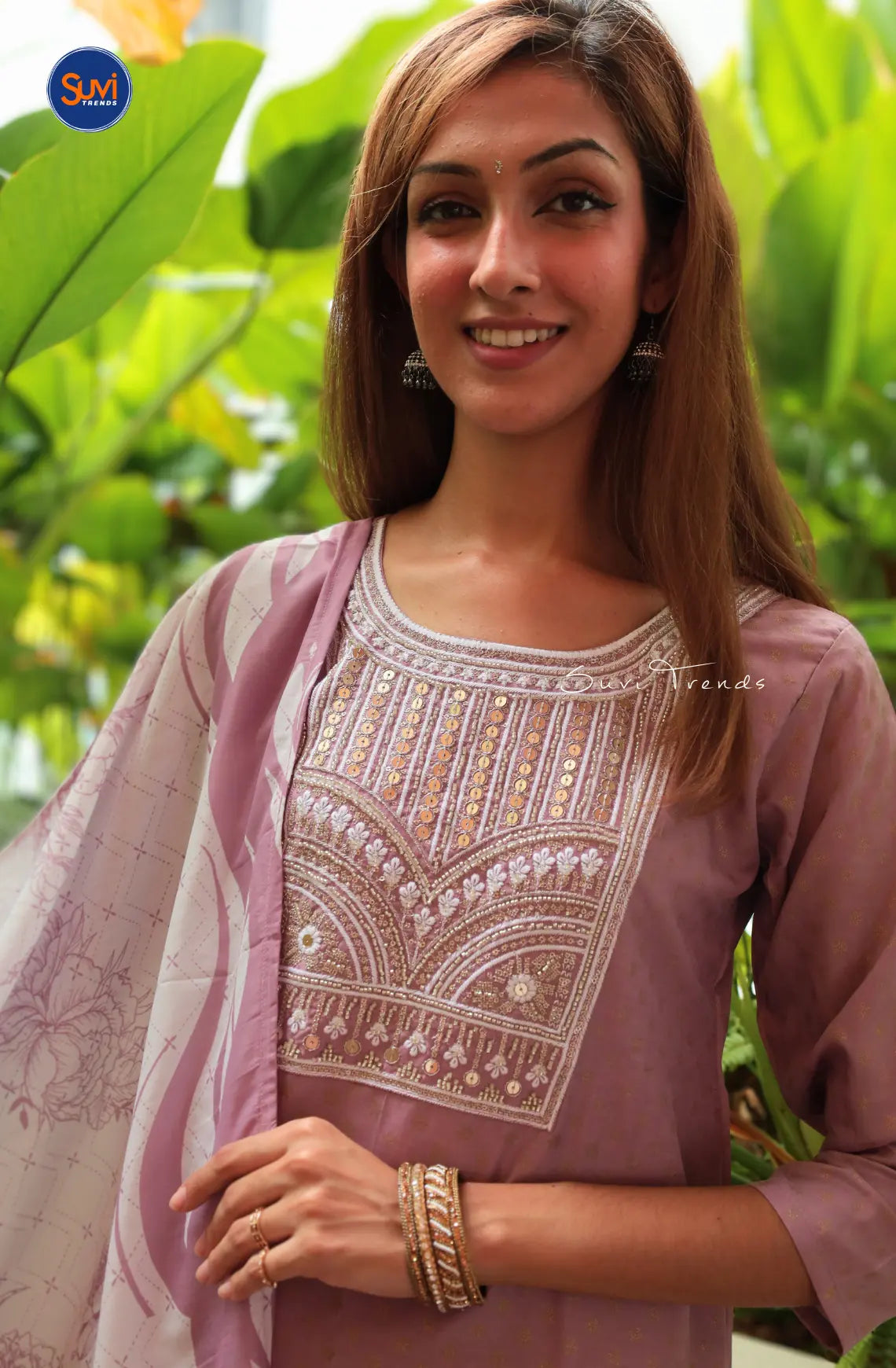 Embroidered Suit Set with Sequence Work - Lavender