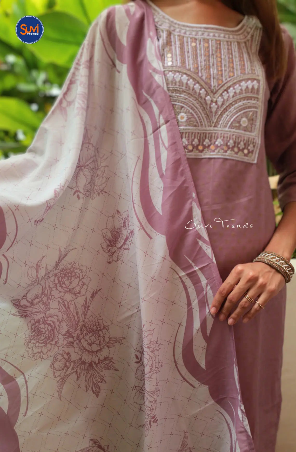 Embroidered Suit Set with Sequence Work - Lavender