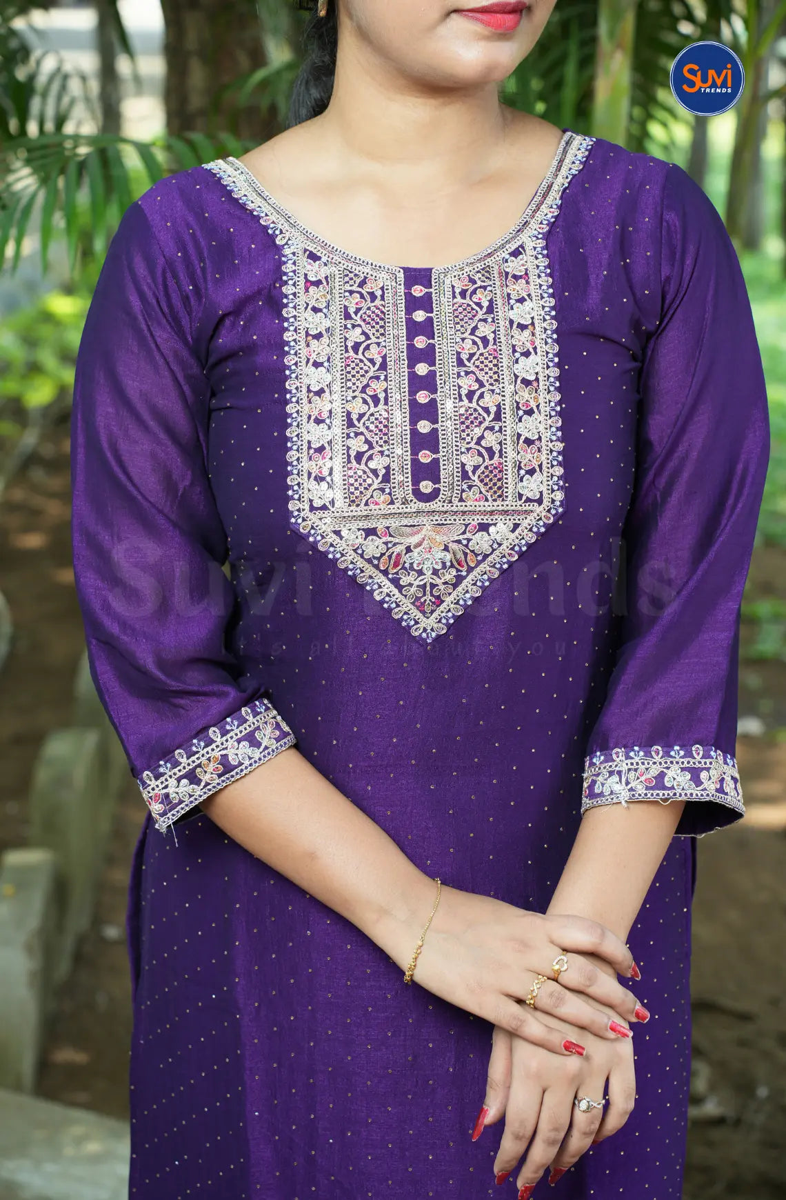 Embroidery Suit Set with Polka Dot - Purple