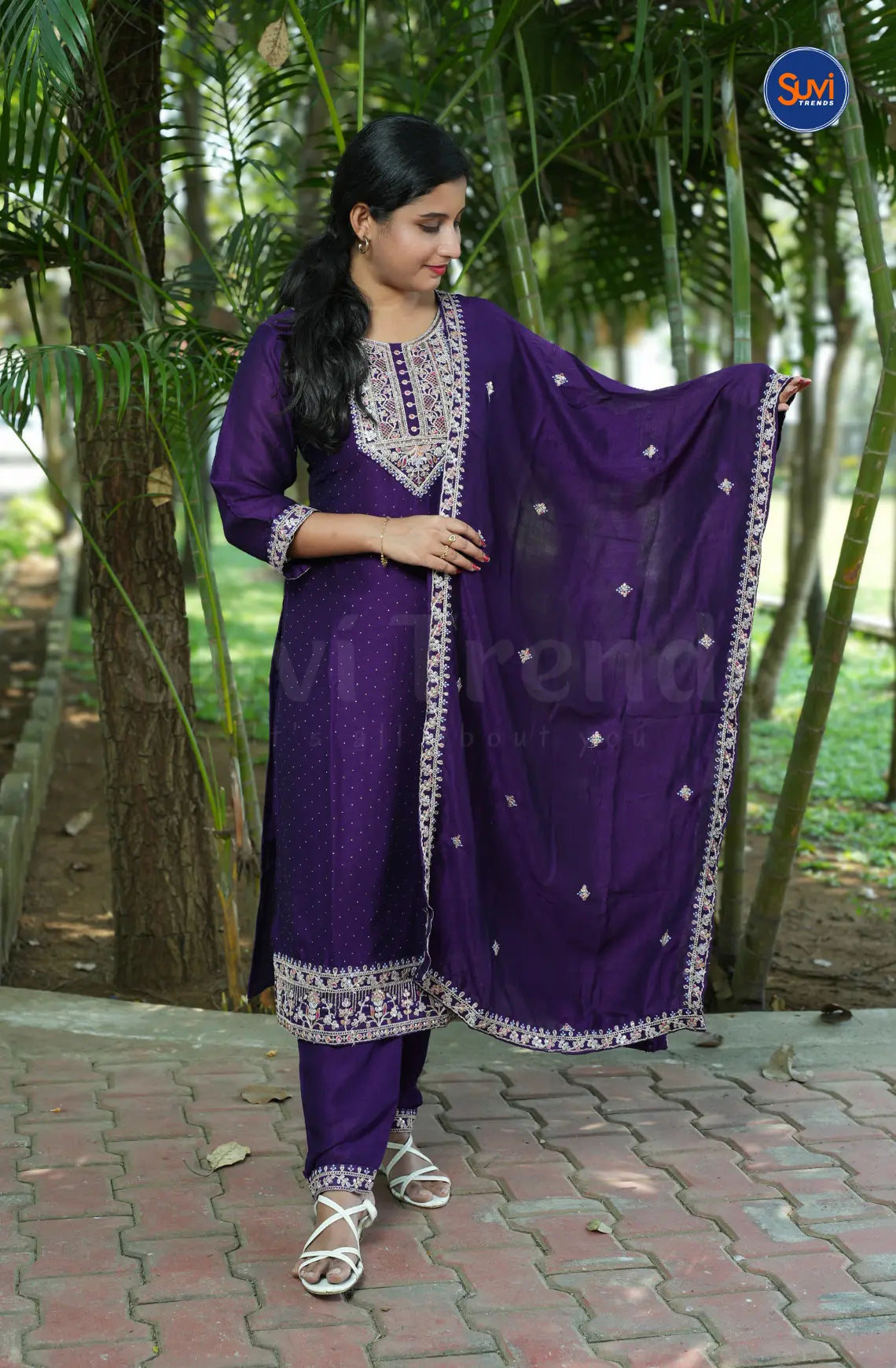 Embroidery Suit Set with Polka Dot - Purple