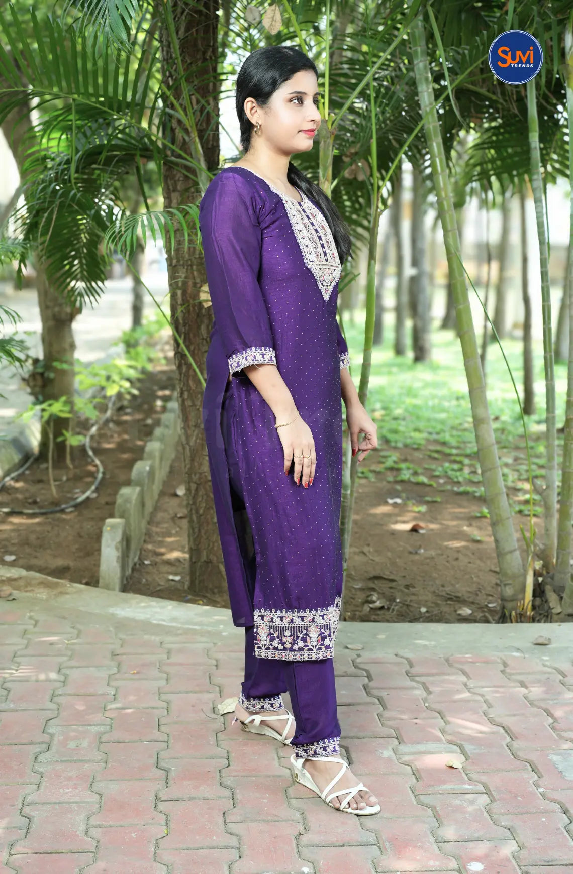 Embroidery Suit Set with Polka Dot - Purple