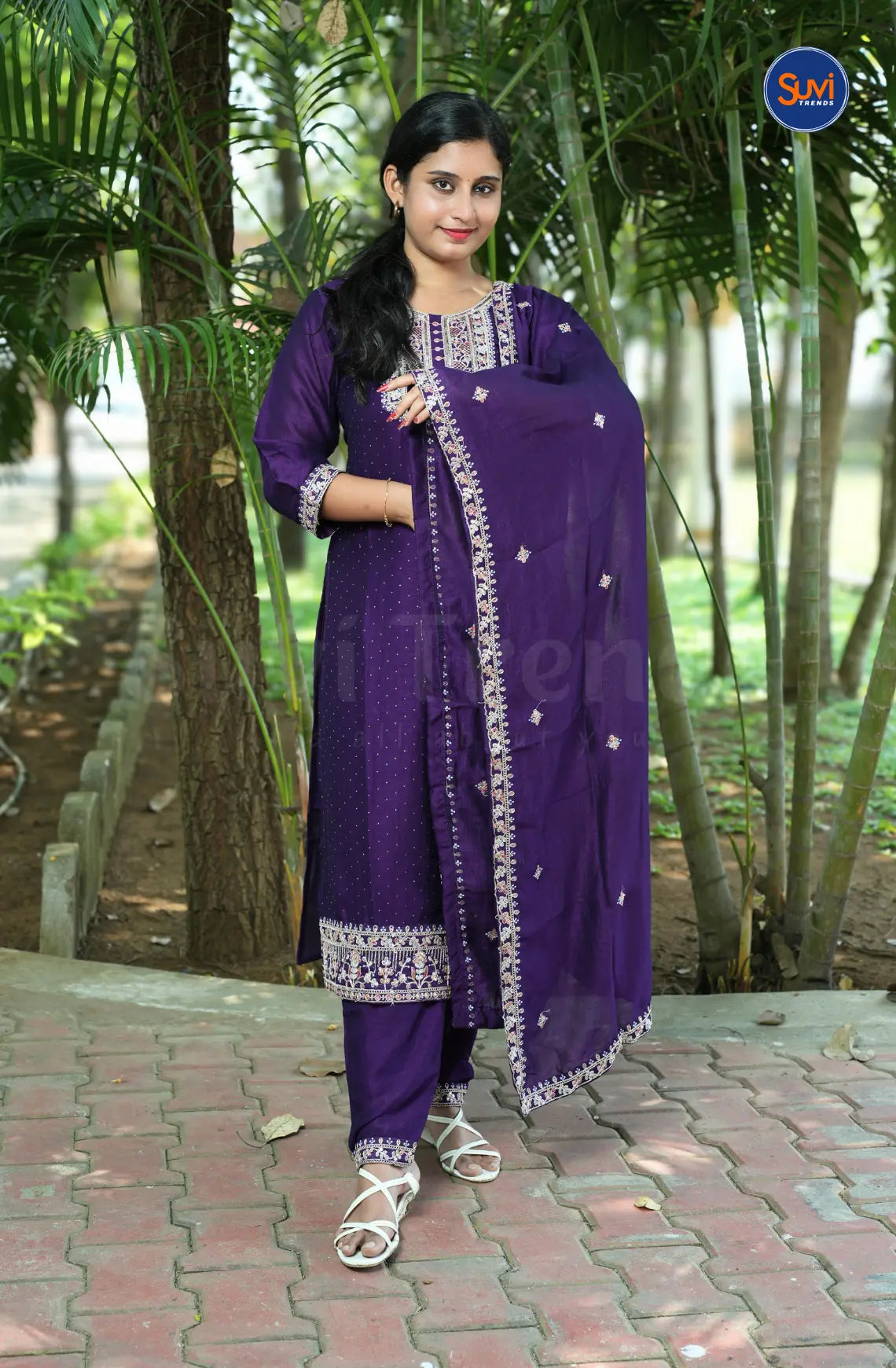 Embroidery Suit Set with Polka Dot - Purple