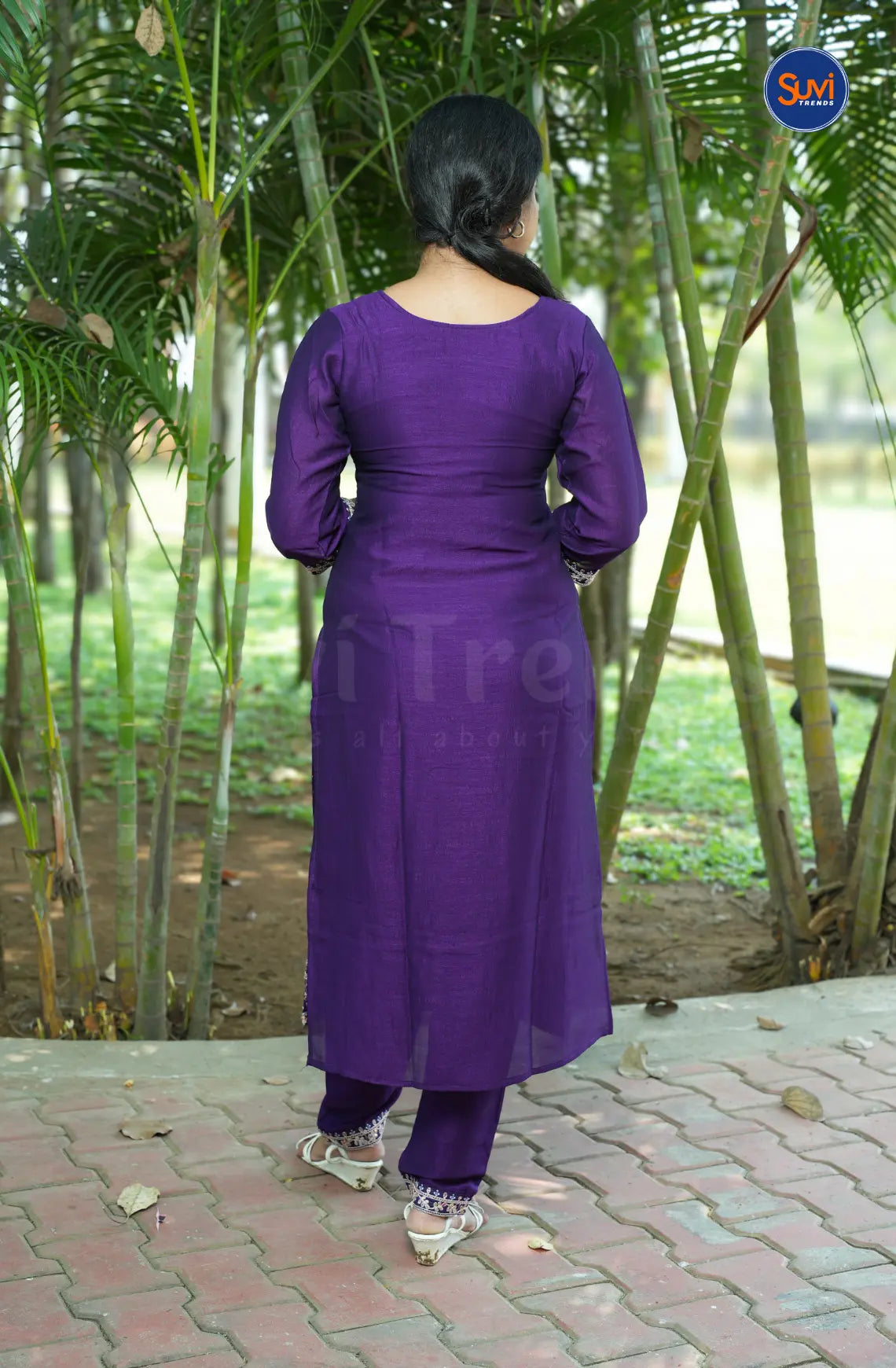 Embroidery Suit Set with Polka Dot - Purple