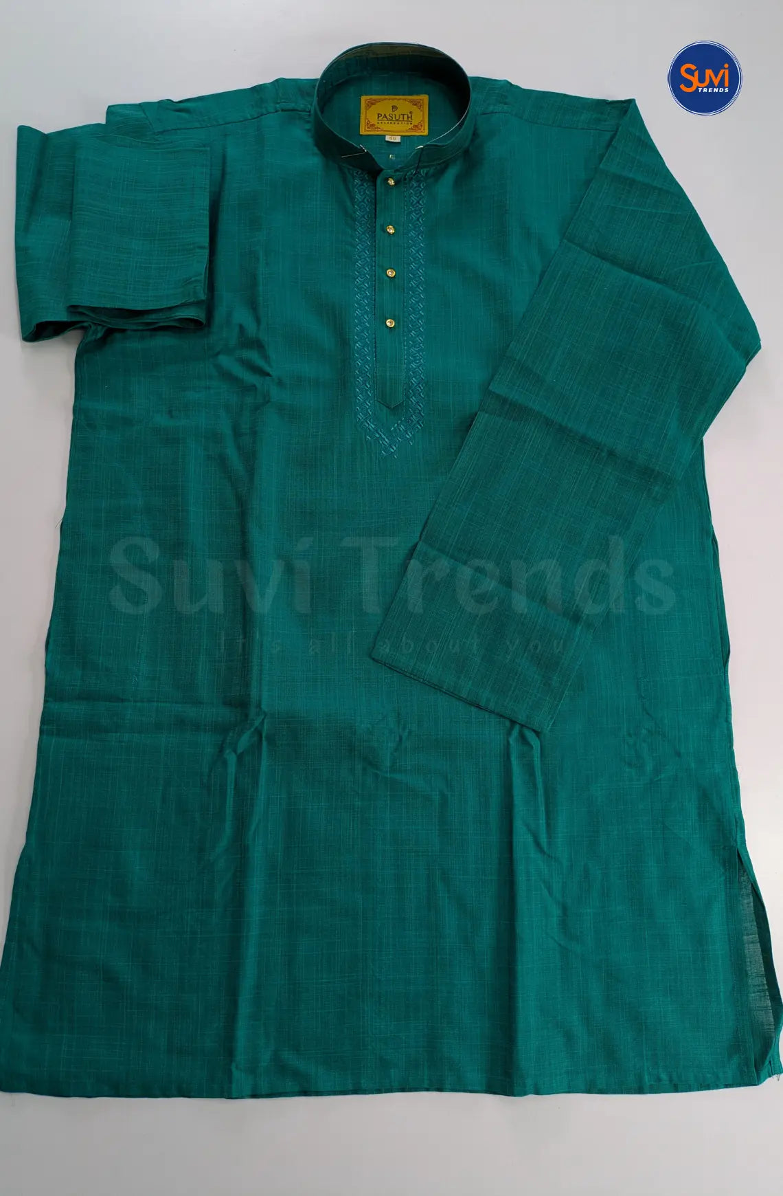 Ethnic Men's Cotton Kurta and Dhoti Set - Rama Green