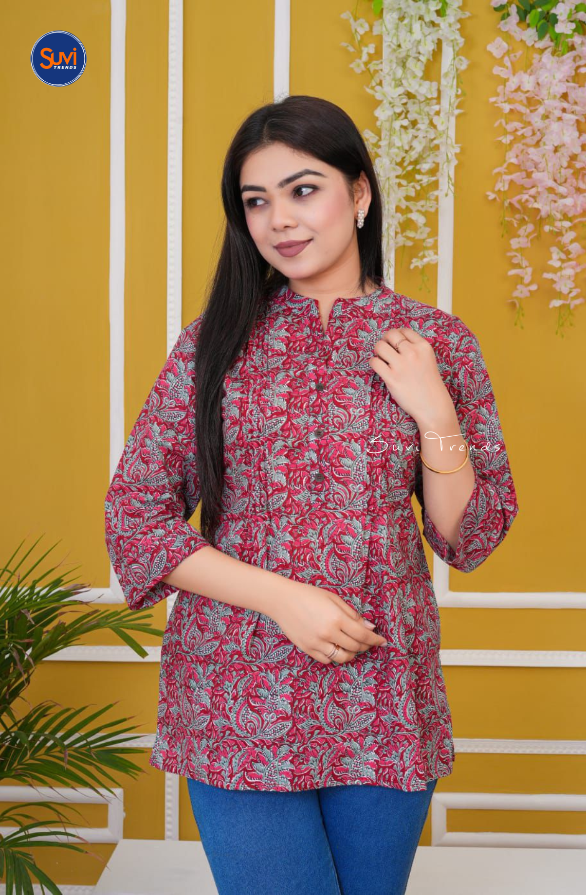 Floral Printed Pintuck Short Top - Crimson Red