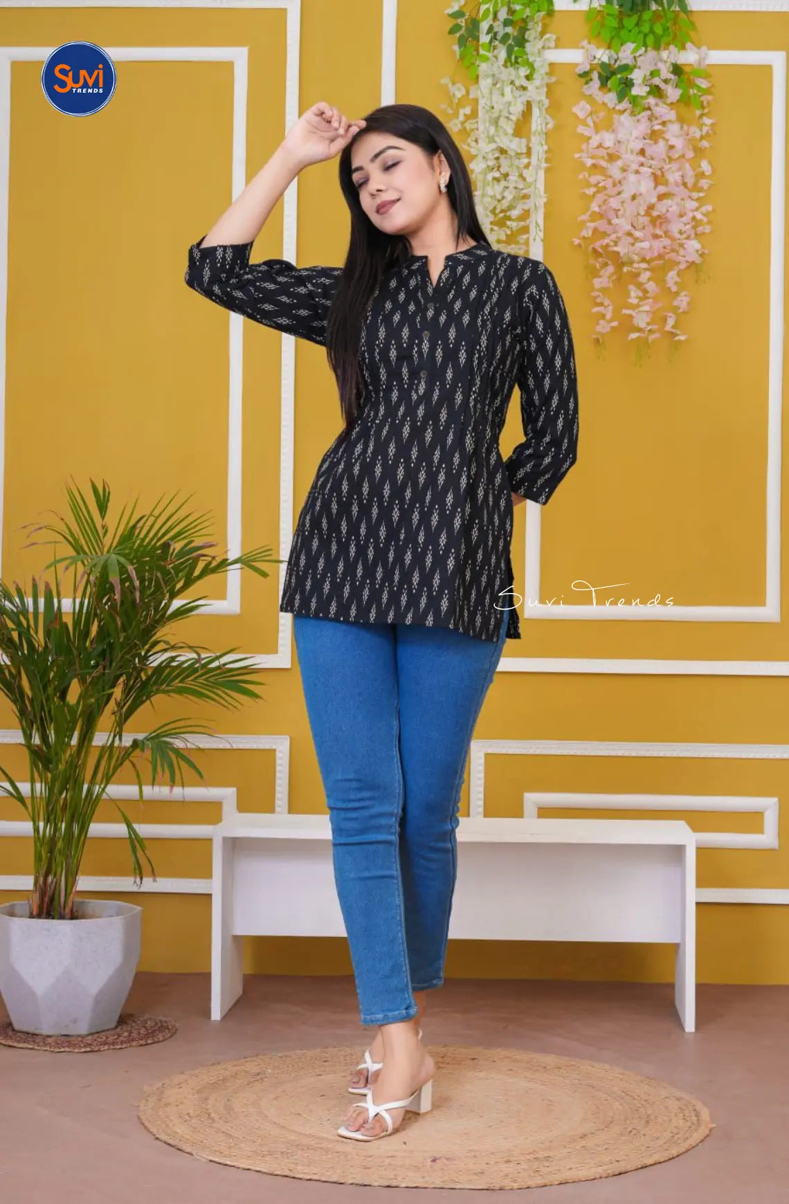 Cotton Printed Pintuck Short Top - Black