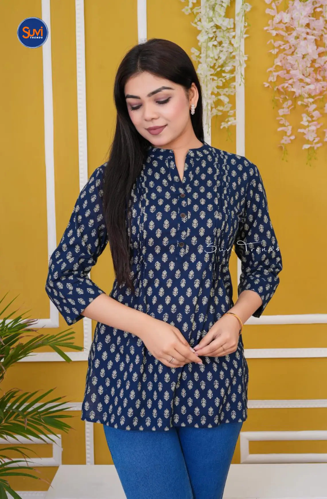 Floral Printed Pintuck Short Top - Blue