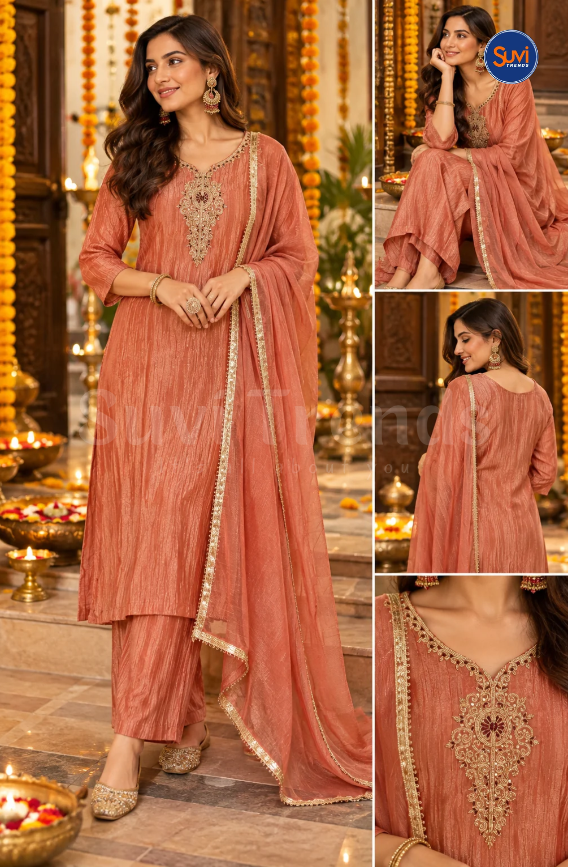 Floral Bead Work Suit Set - Peach