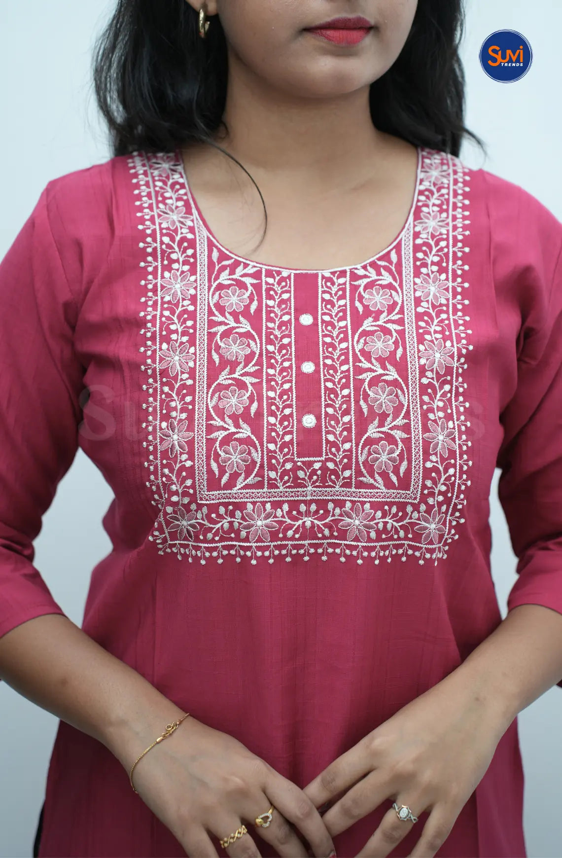 Floral Embroidered Long Kurta - Dark Pink