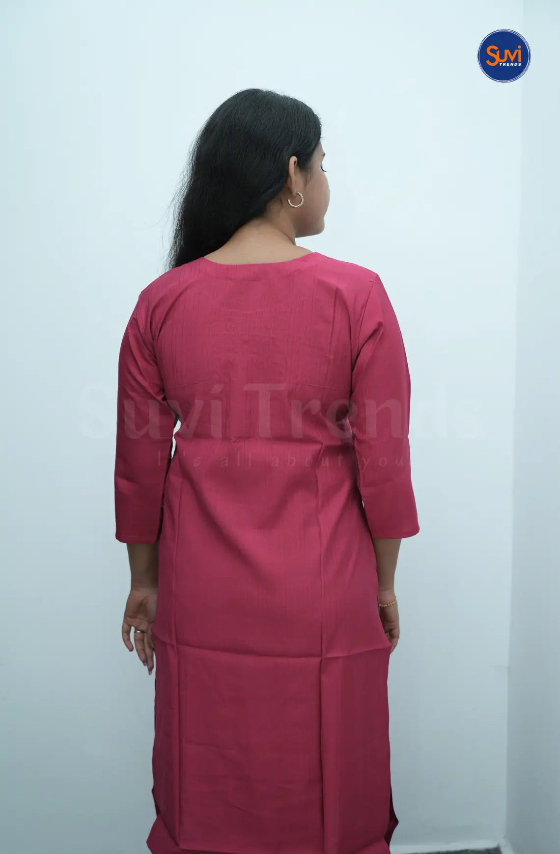 Floral Embroidered Long Kurta - Dark Pink
