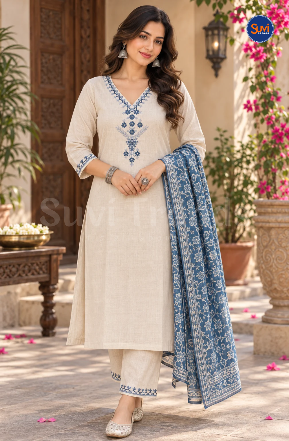Floral Embroidery Suit Set - Off White