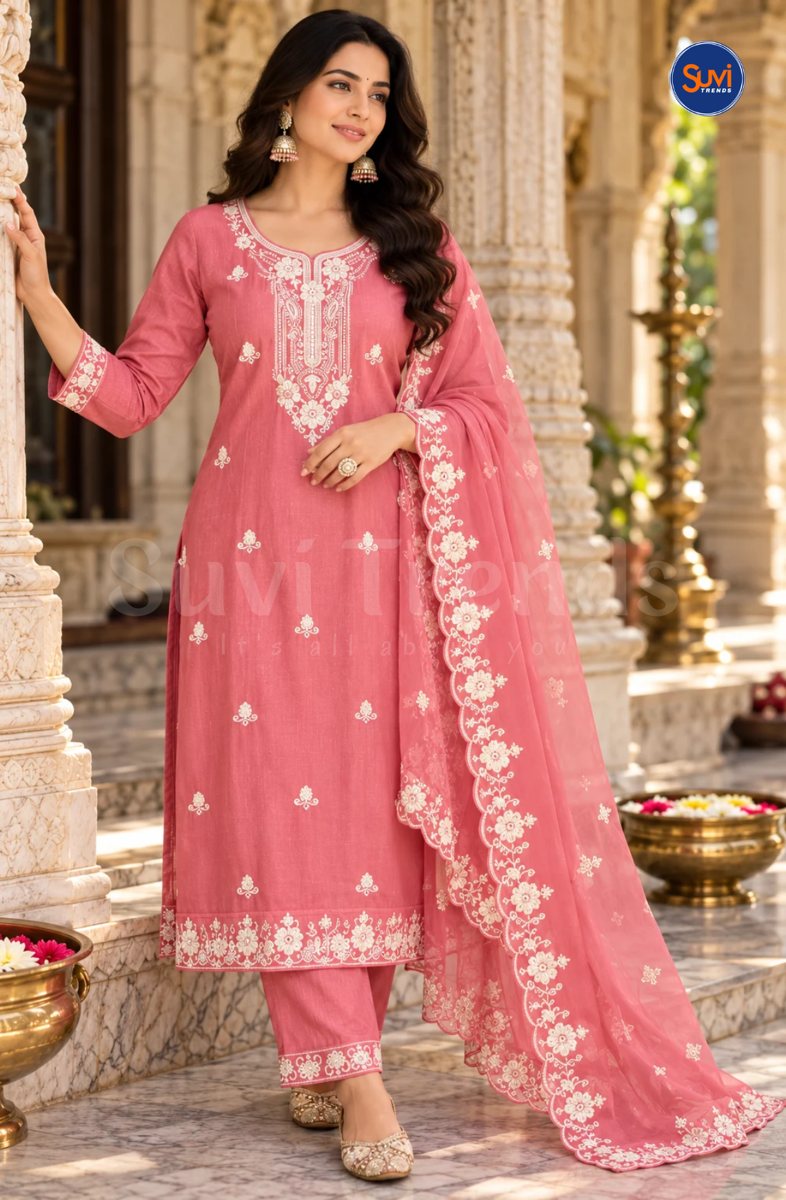 Floral Embroidery Suit Set - Soft Pink