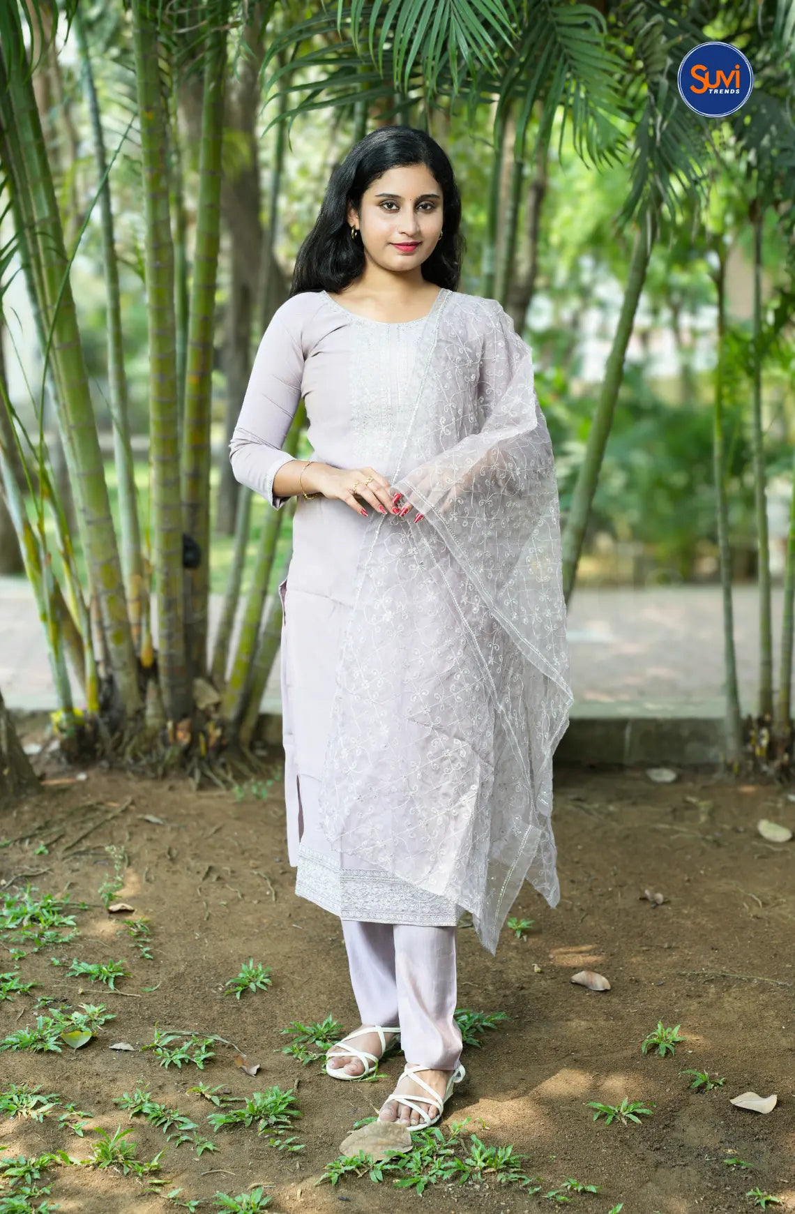 Floral Embroidery Suit Set with Netted Dupatta - Pastel Lavender