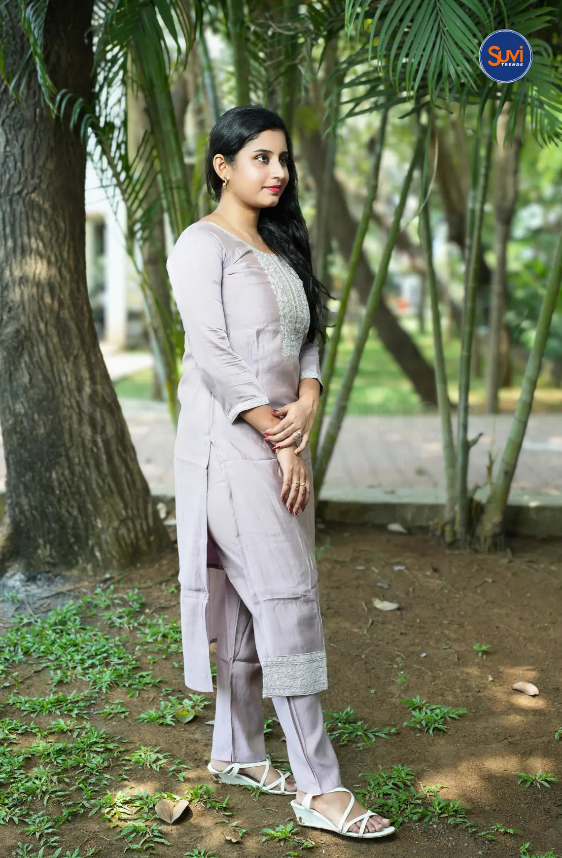 Floral Embroidery Suit Set with Netted Dupatta - Pastel Lavender
