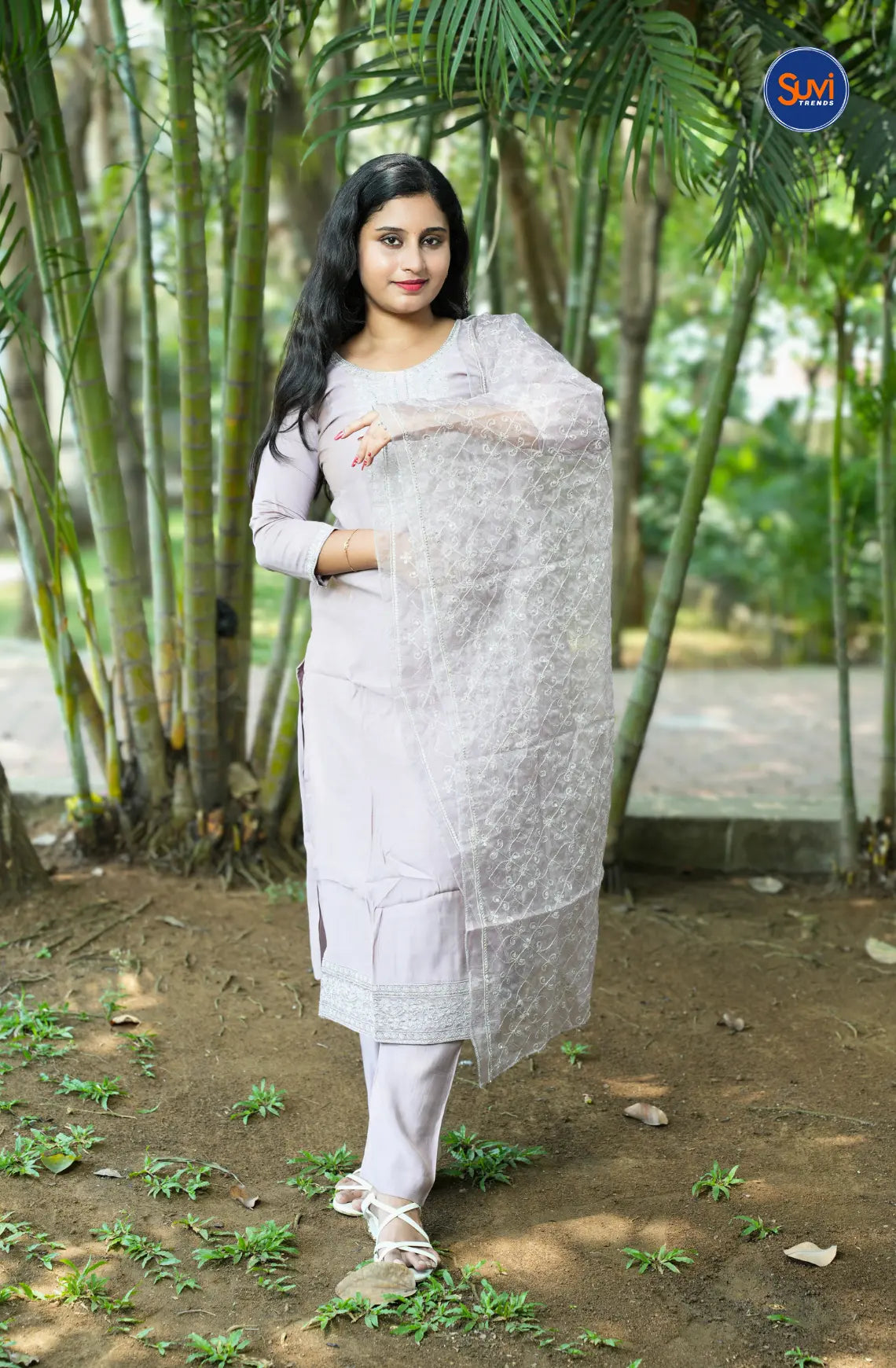 Floral Embroidery Suit Set with Netted Dupatta - Pastel Lavender