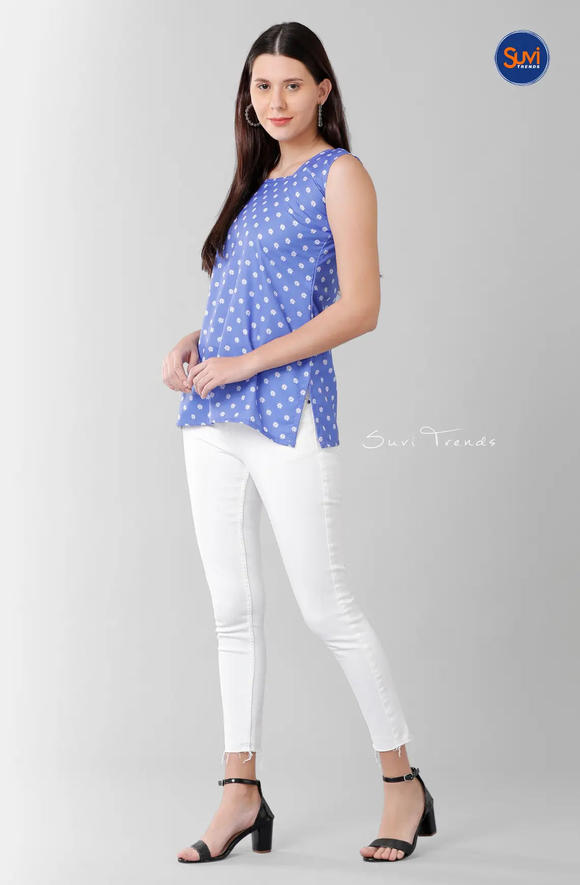 Floral Printed Sleeveless Short Top - Blue