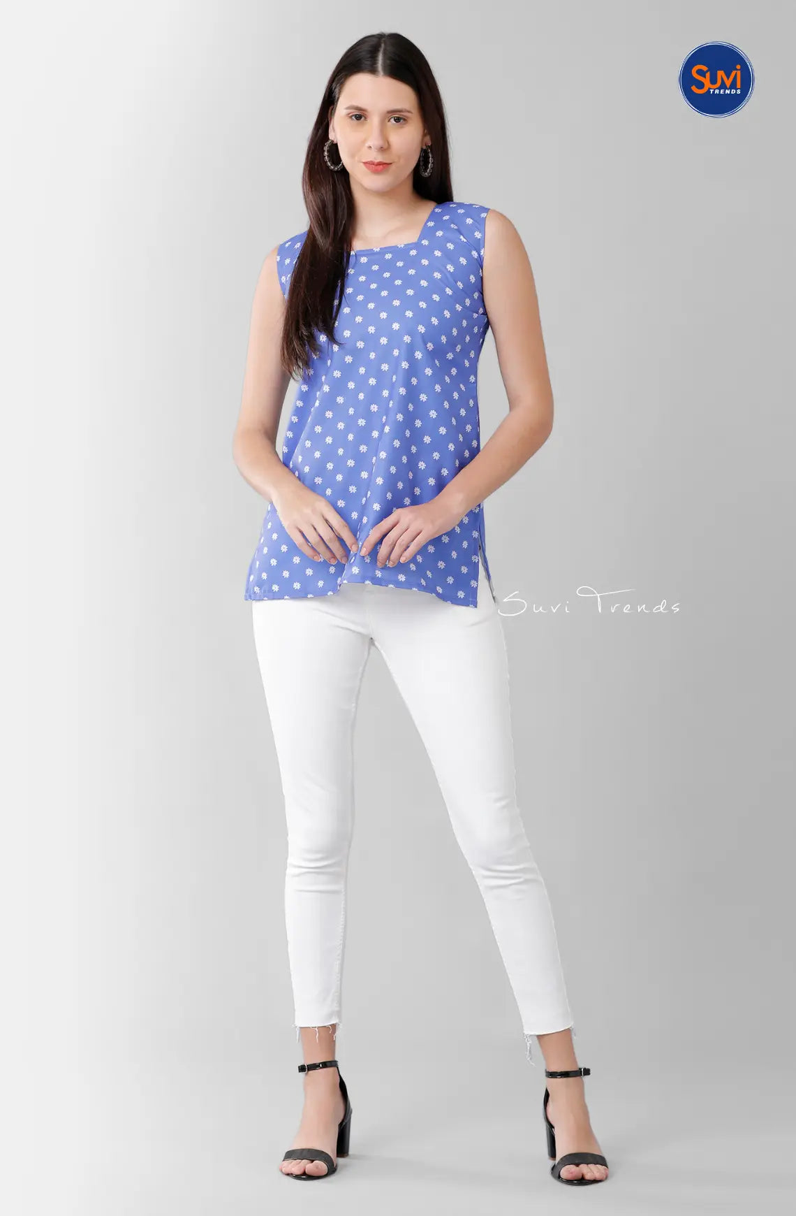 Floral Printed Sleeveless Short Top - Blue