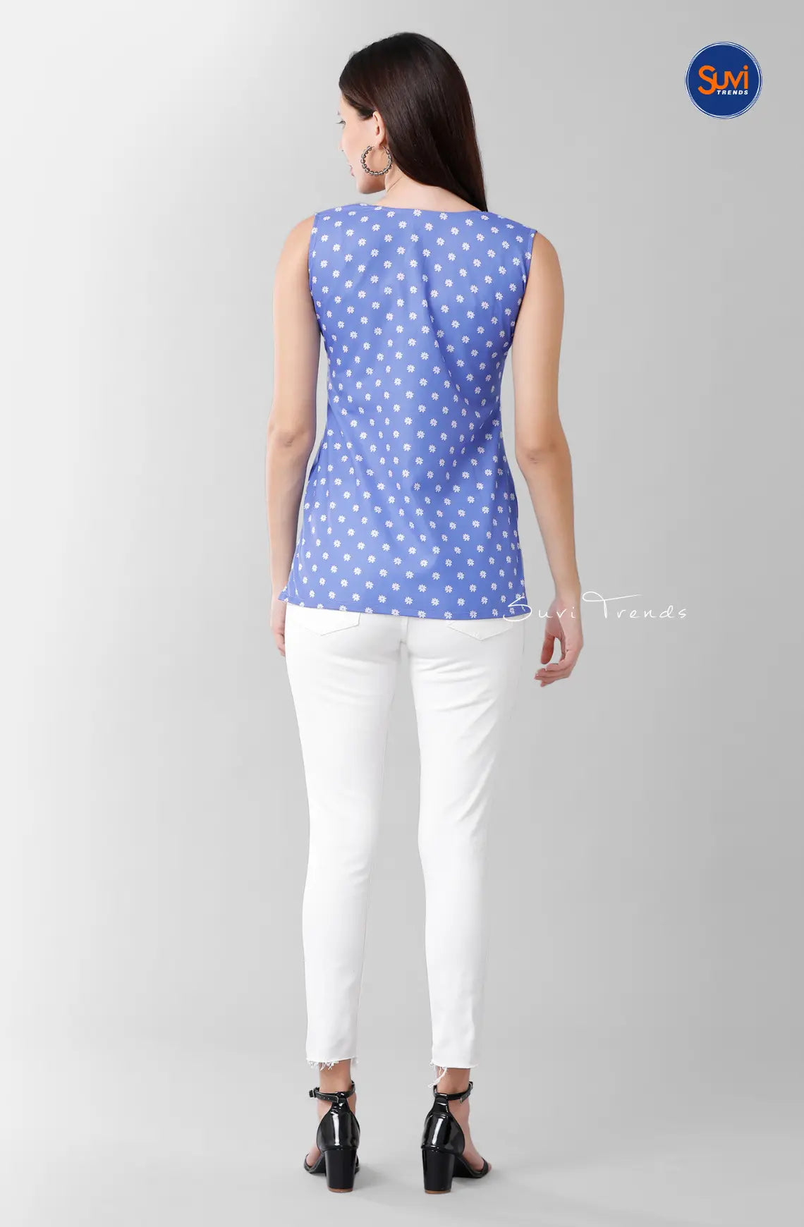 Floral Printed Sleeveless Short Top - Blue