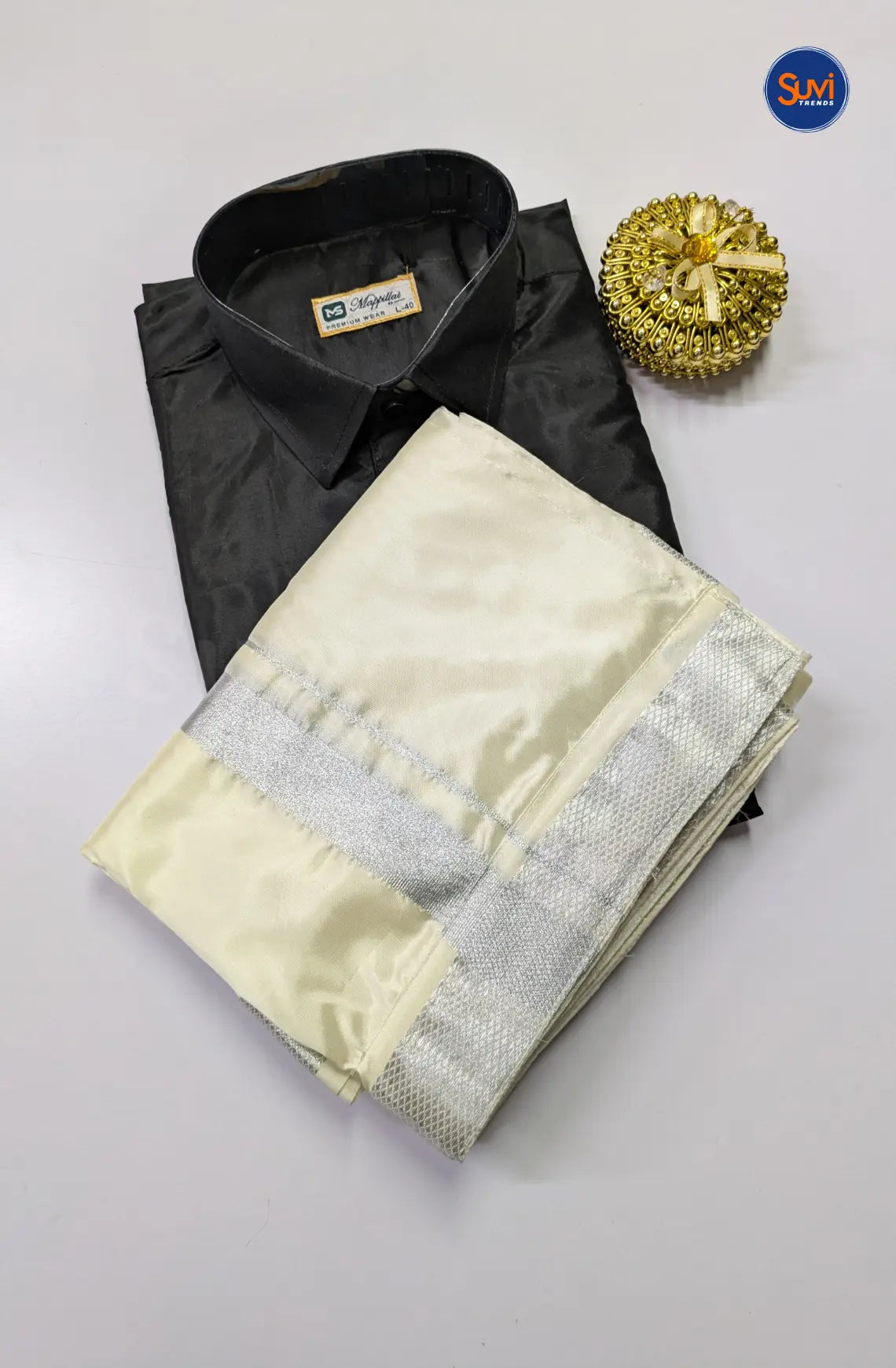 Kids Dhoti Set With Silver Zari - Black & White