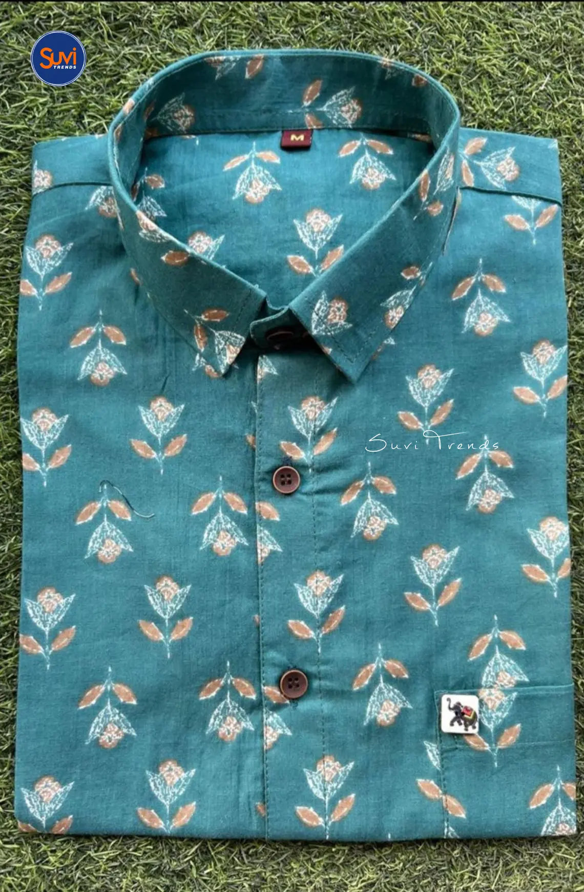 Men's Botanical Printed Cotton Shirt - Sky Blue