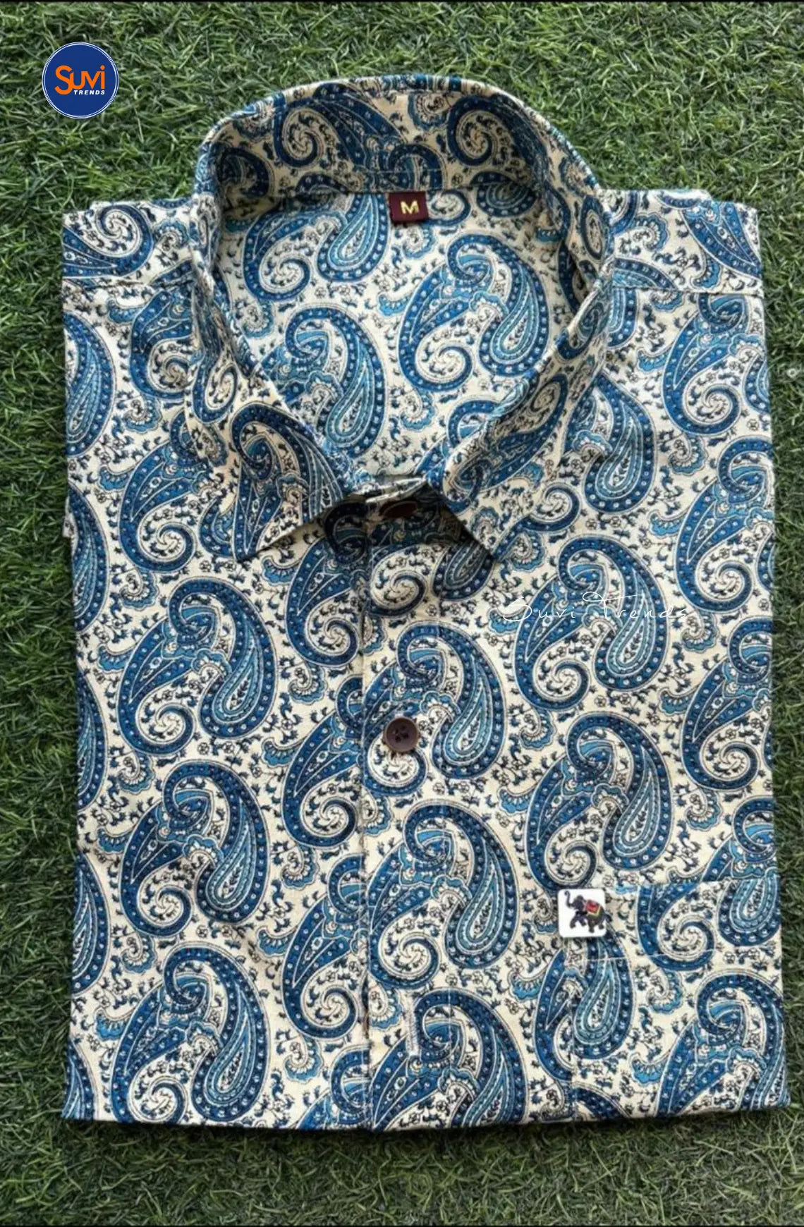 Men's Paisley Printed Cotton Shirt - Off White & Blue