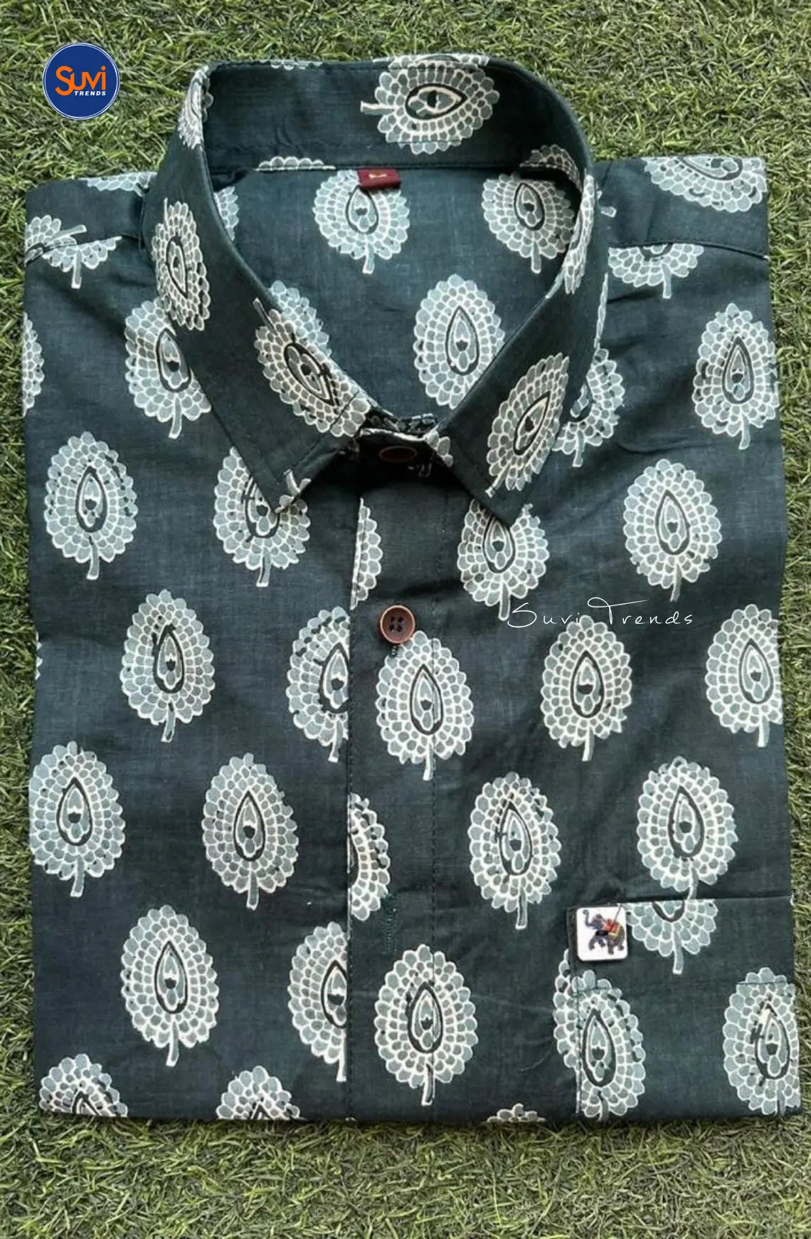 Men's Printed Cotton Shirt - Dark Green