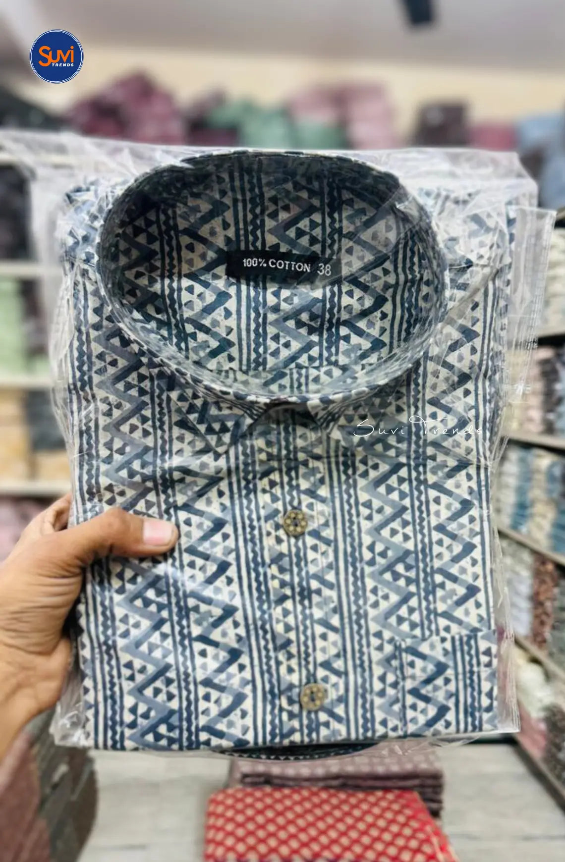 Men's Printed Cotton Shirt - Off White & Navy Blue