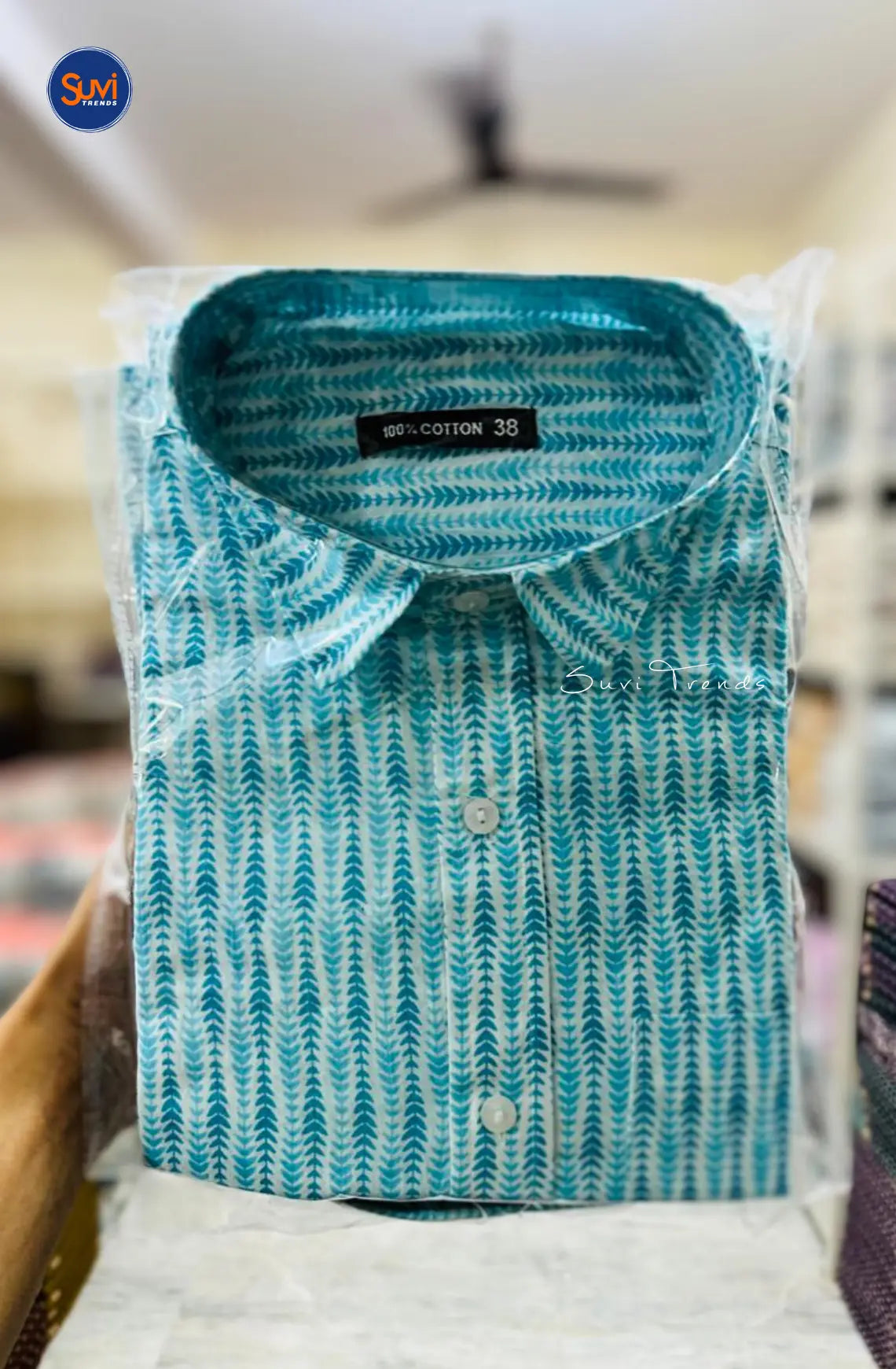 Men's Printed Cotton Shirt - Turquoise