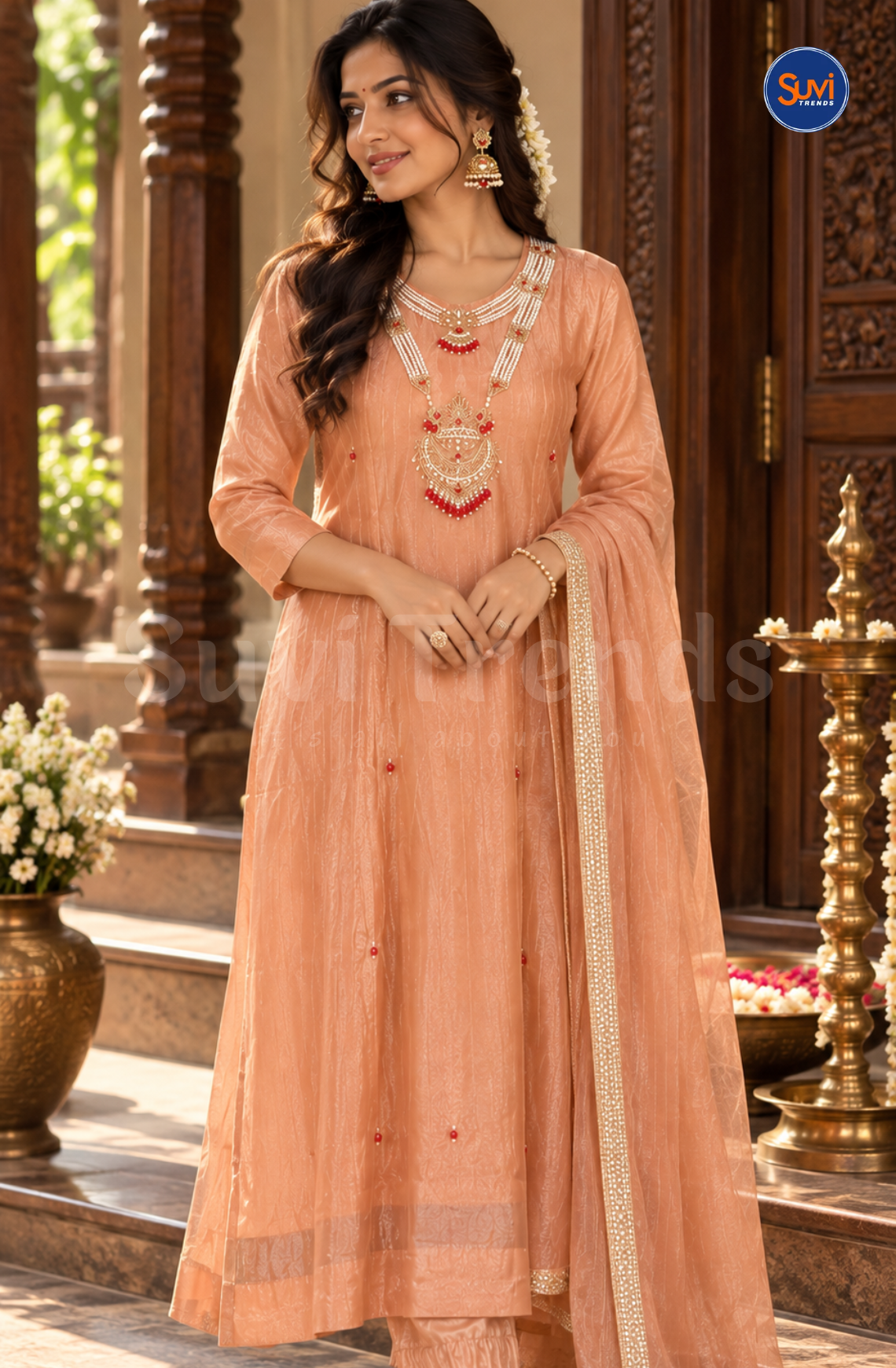 Necklace Embedded Suit Set - Peach