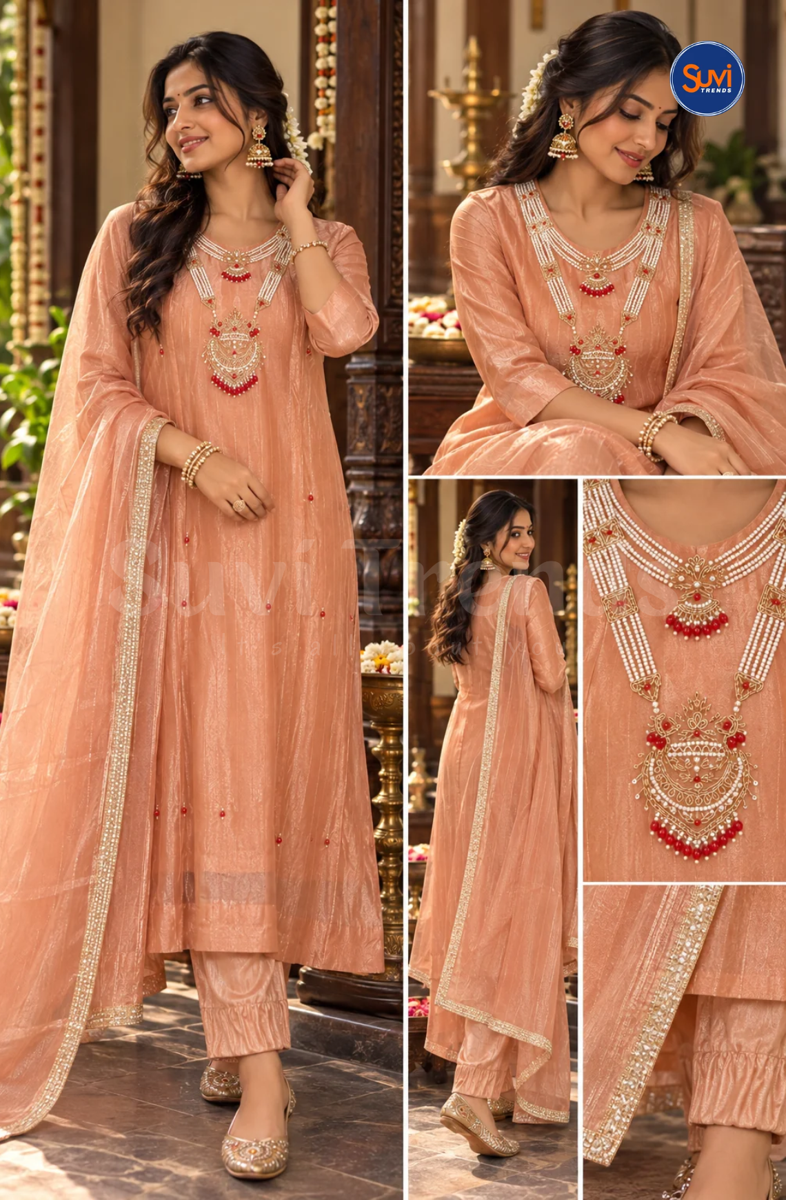Necklace Embedded Suit Set - Peach