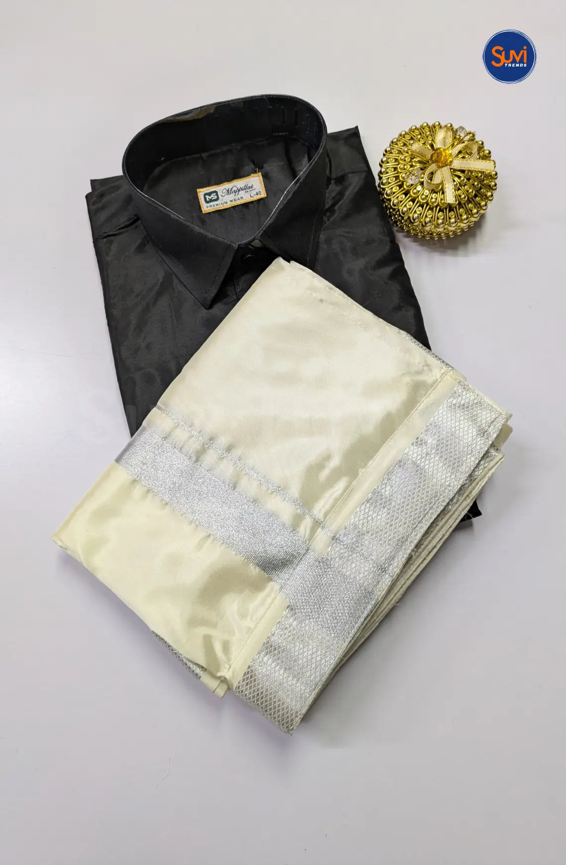 Premium Japan Silk Dhoti Set - Black & Off White