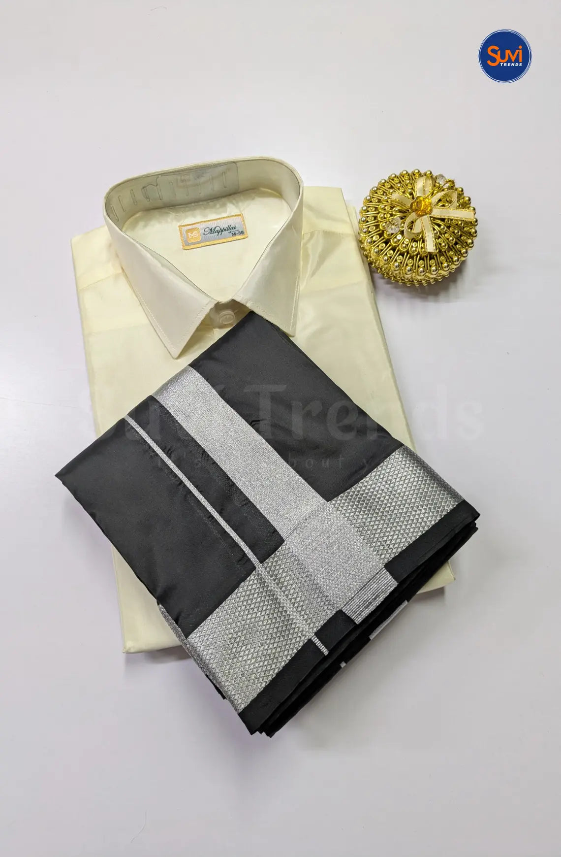 Premium Japan Silk Dhoti Set - Off White & Black