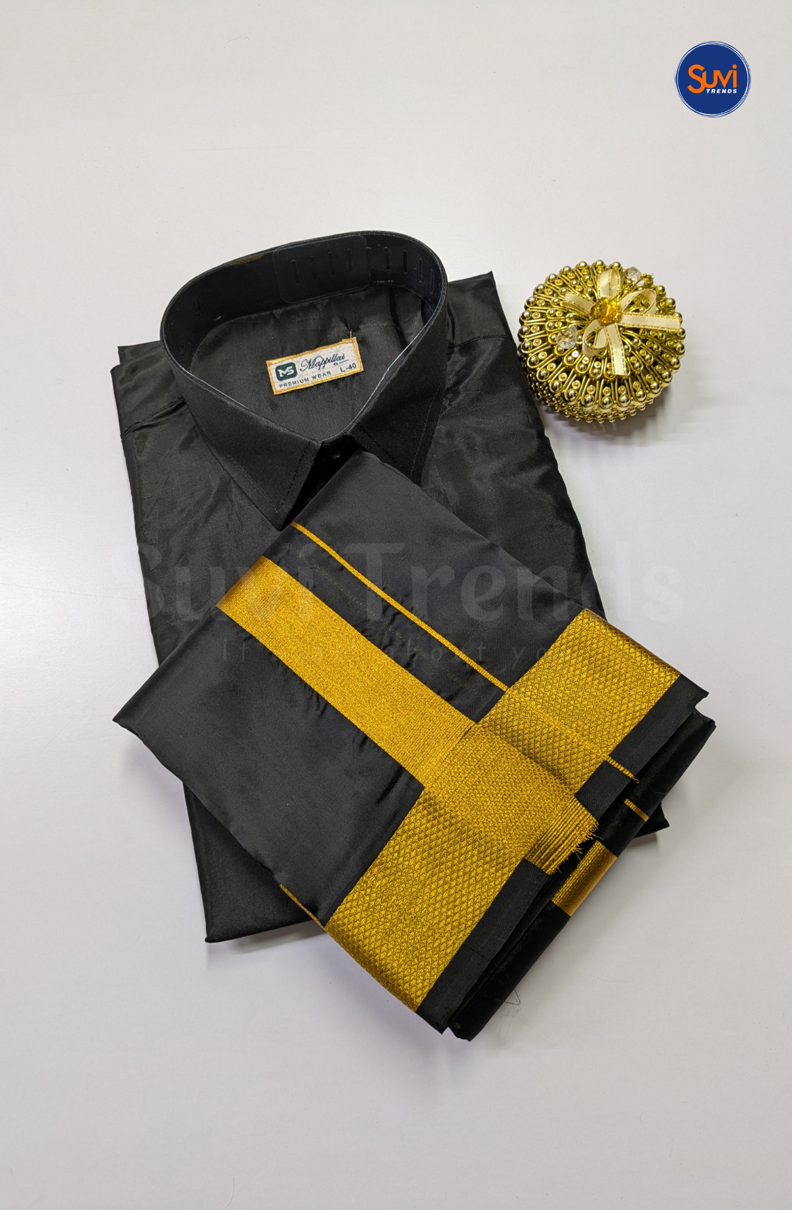 Premium Japan Silk Dhoti Set with Gold Zari - Black