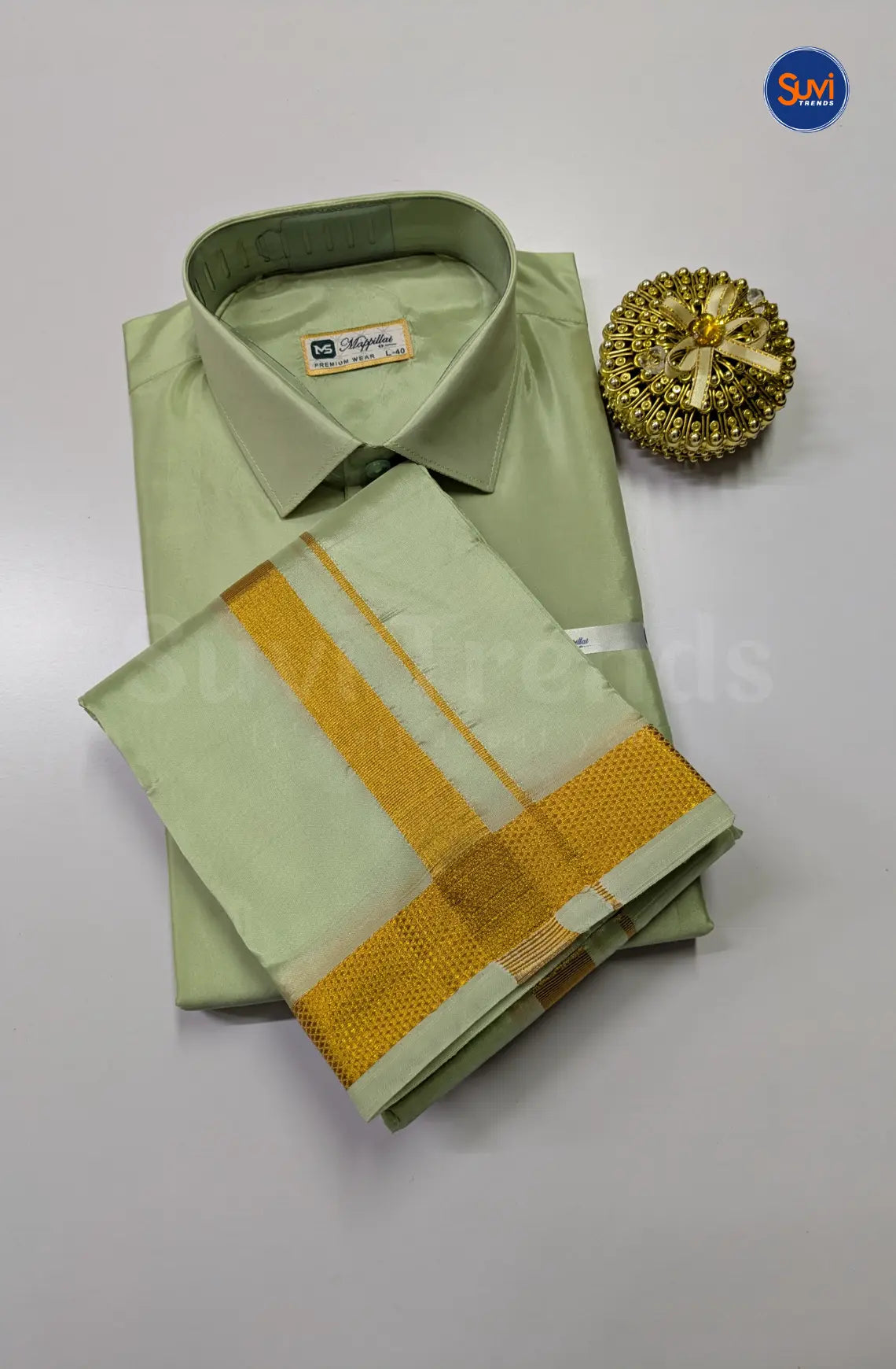 Premium Japan Silk Dhoti Set with Gold Zari - Marine Green