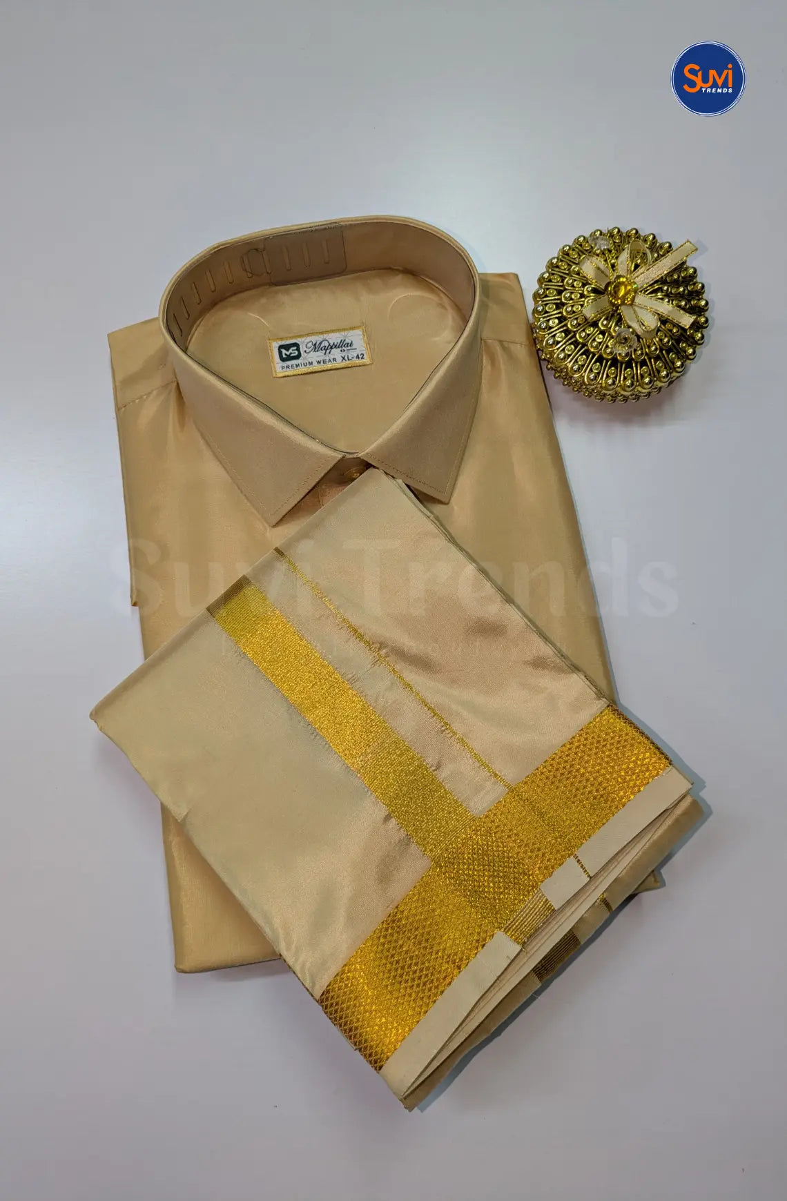 Premium Japan Silk Dhoti Set with Gold Zari - Natural Sandal