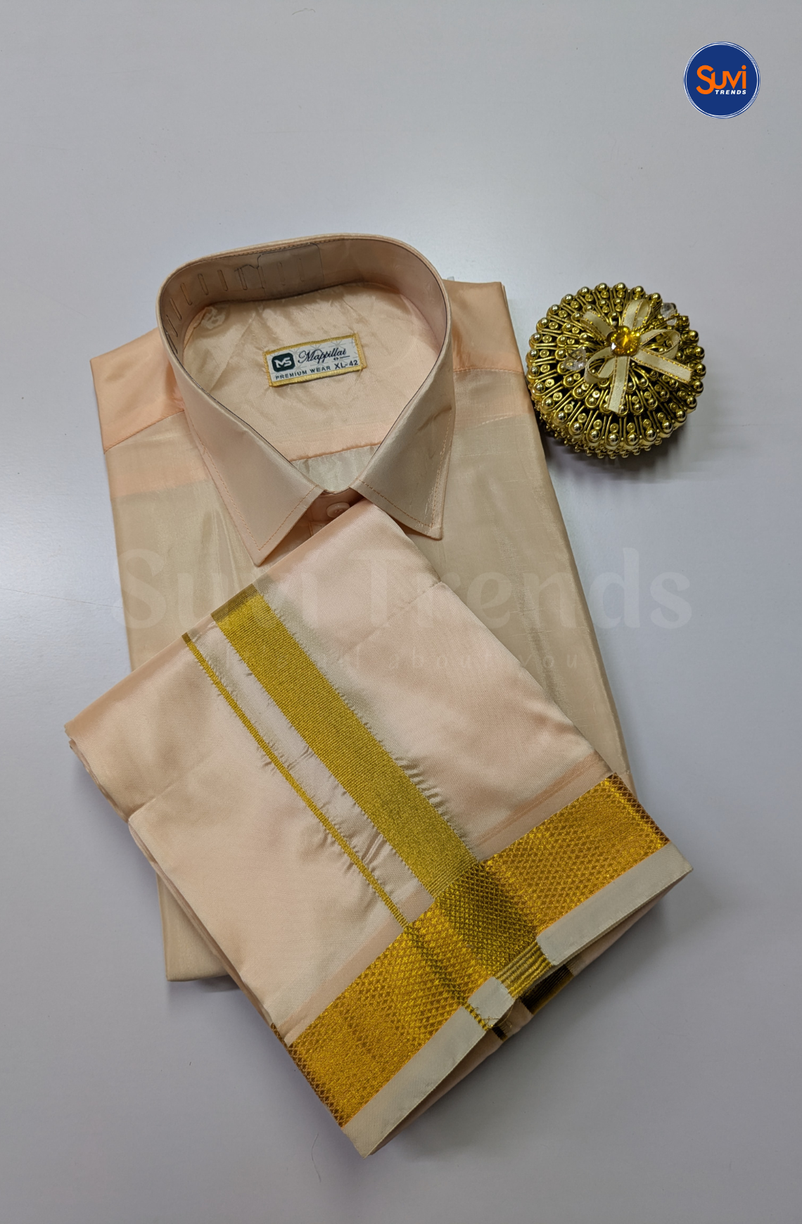 Premium Japan Silk Dhoti Set with Gold Zari - Peach