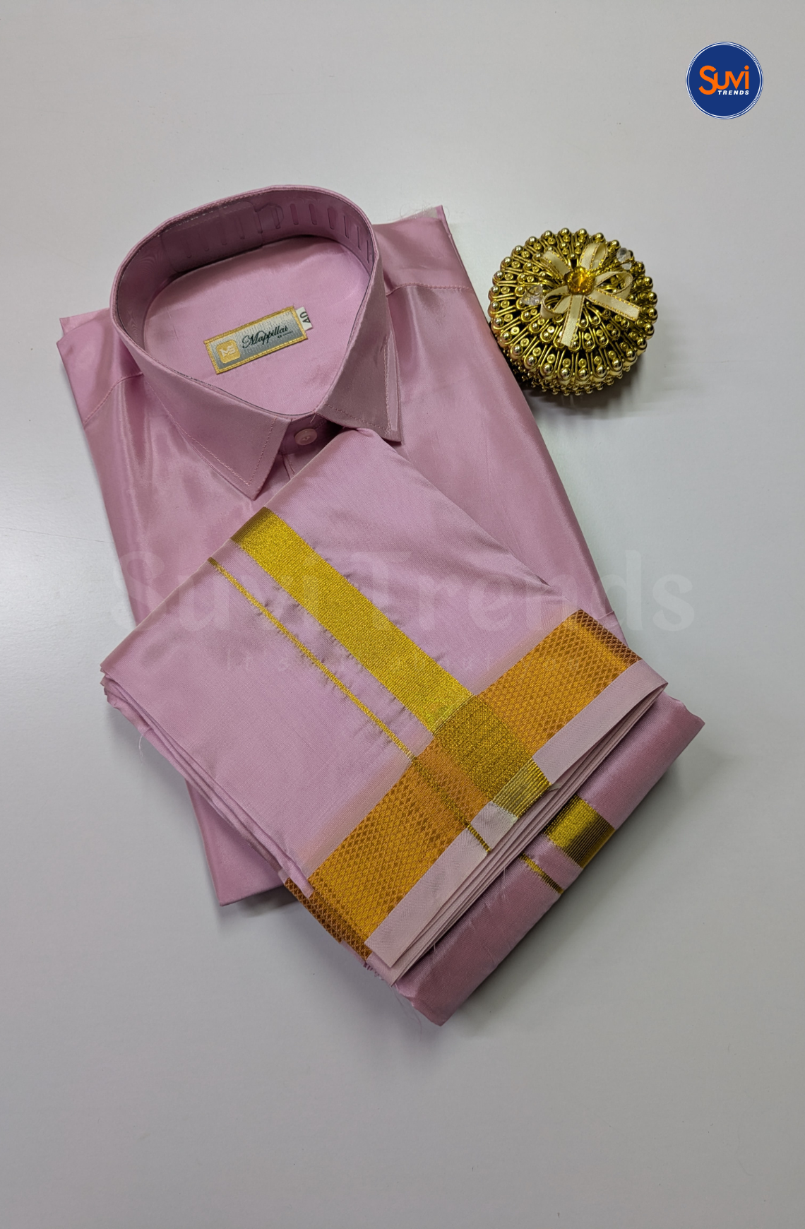 Premium Japan Silk Dhoti Set with Gold Zari - Rosy Pink