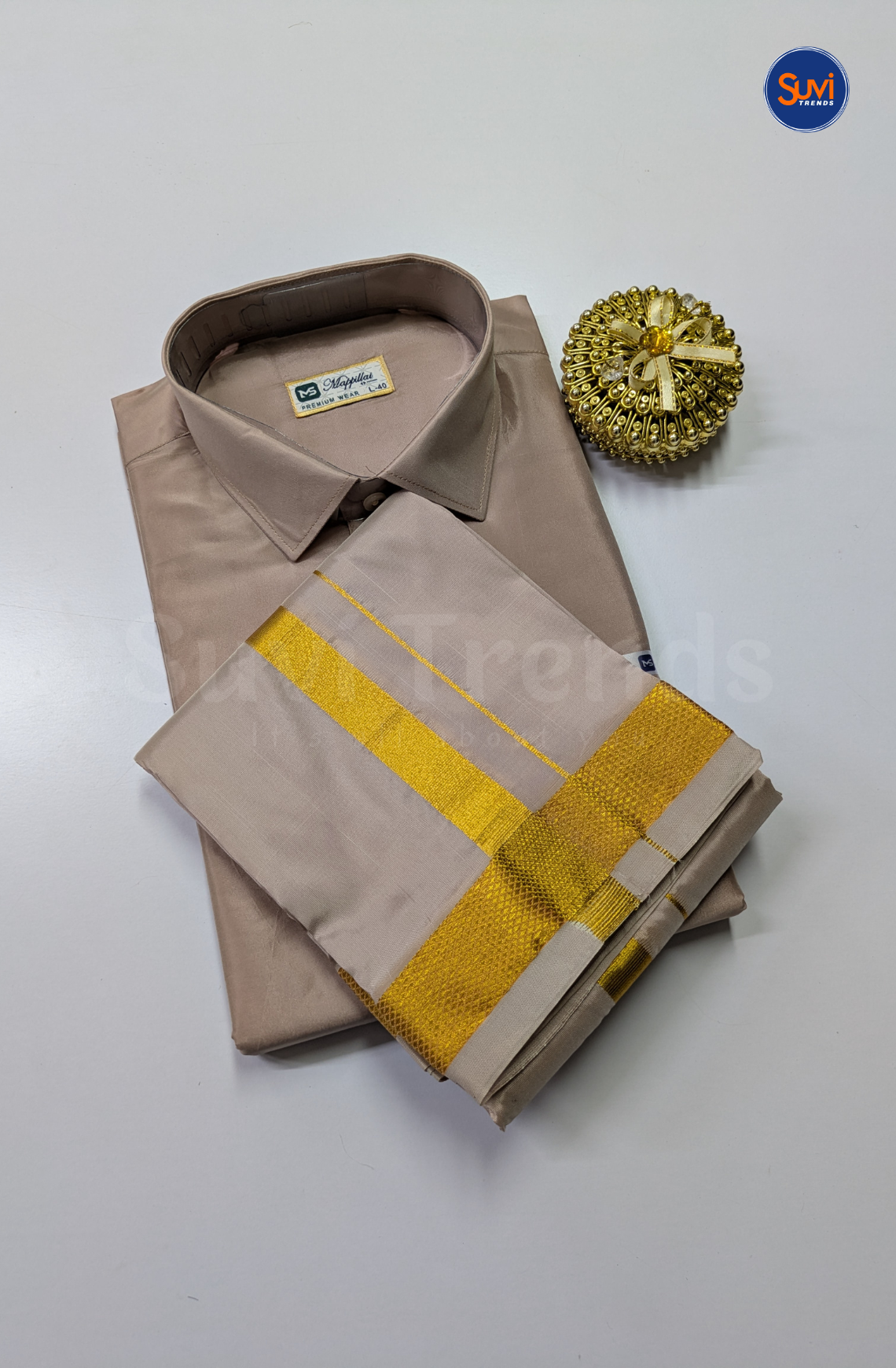 Premium Japan Silk Dhoti Set with Gold Zari - Sandstone