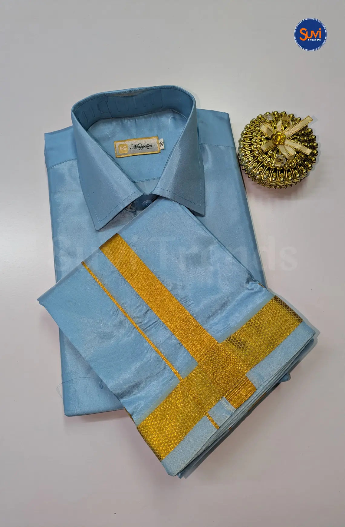 Premium Japan Silk Dhoti Set with Gold Zari - Sky Blue