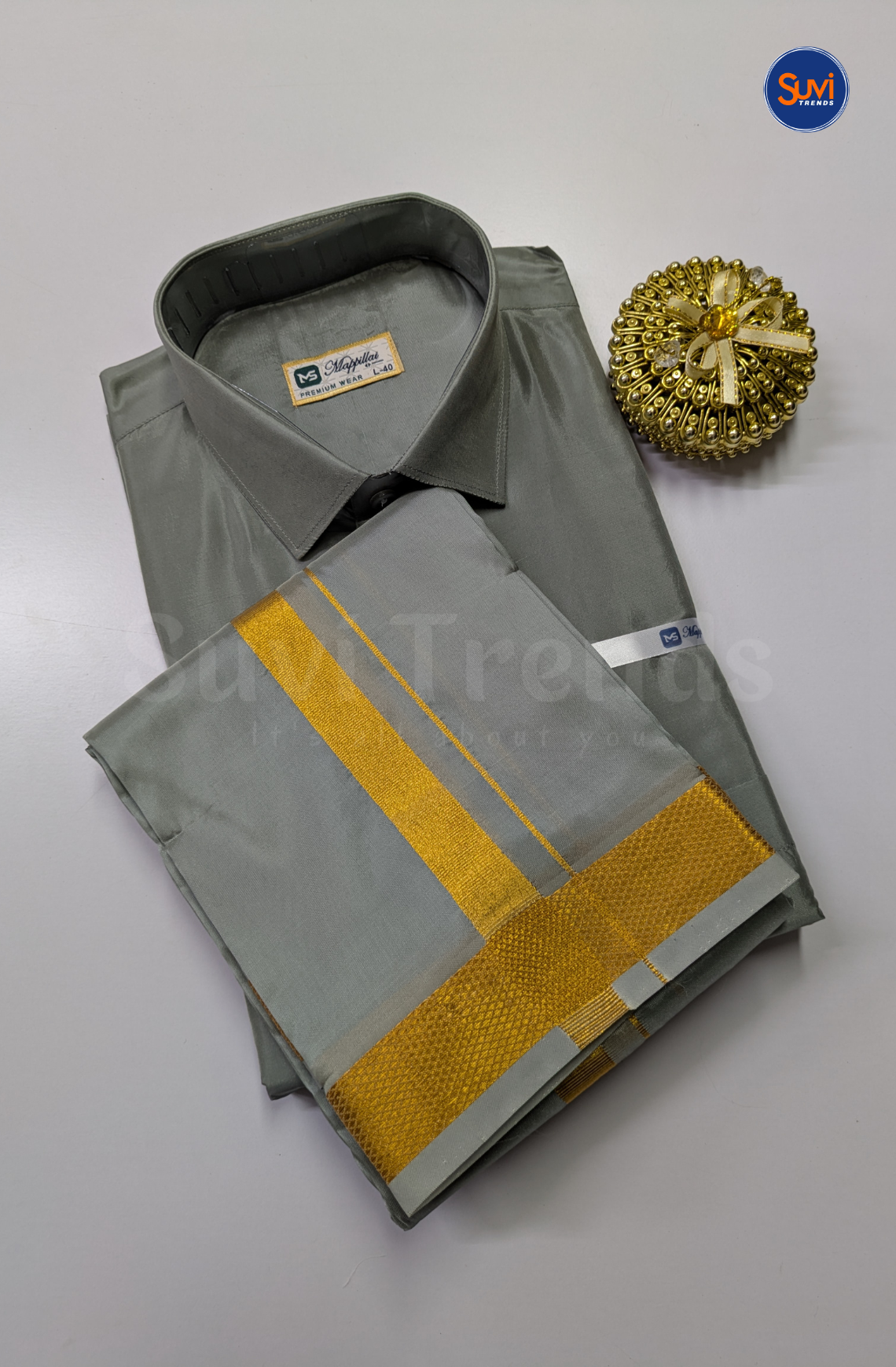 Premium Japan Silk Dhoti Set with Gold Zari - Steel Grey