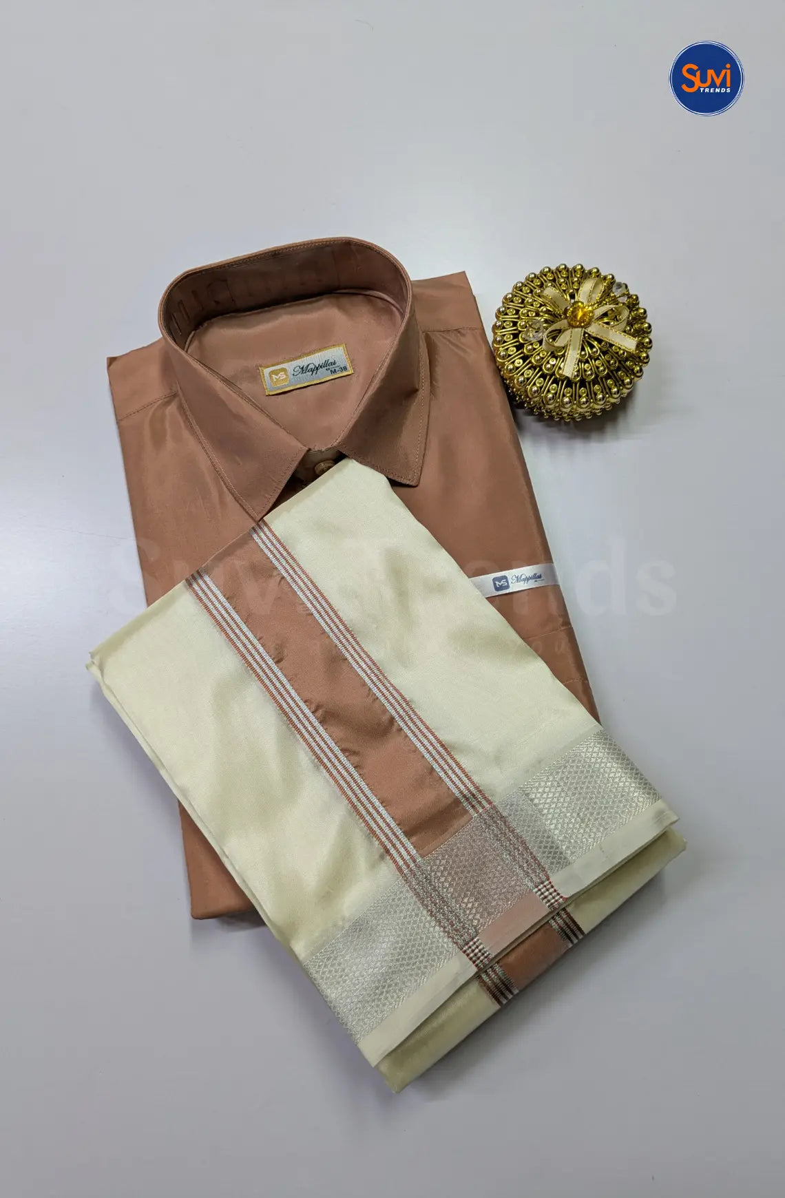 Premium Silk Dhoti Set with Colour Zari - Copper