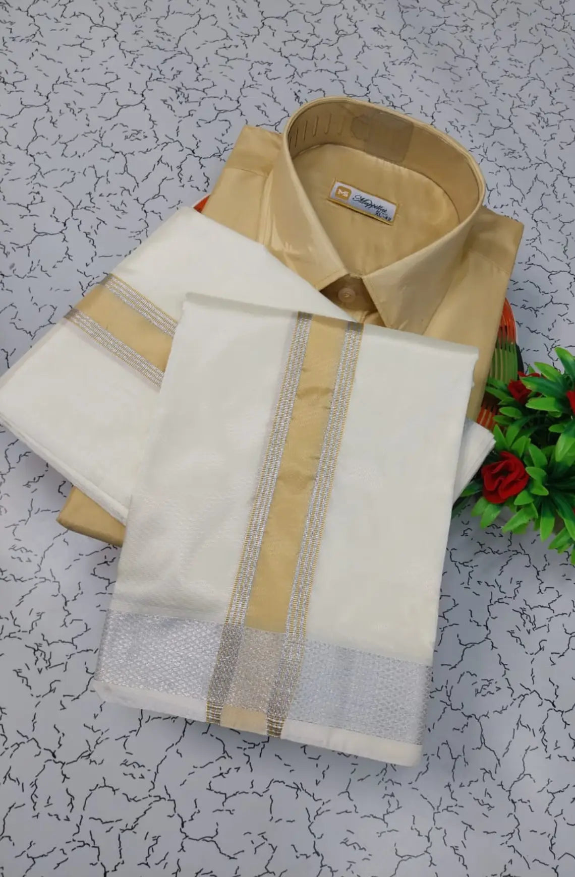Premium Silk Dhoti Set with Colour Zari - Natural Sandal