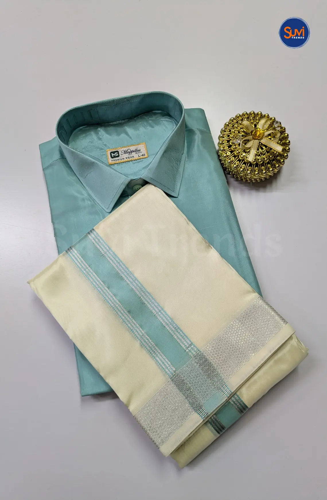 Premium Silk Dhoti Set with Colour Zari - Pastel Rama