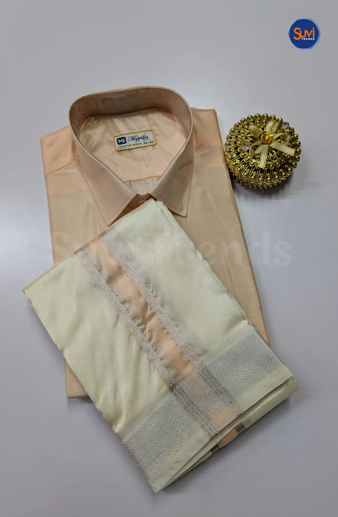 Premium Silk Dhoti Set with Colour Zari - Peach