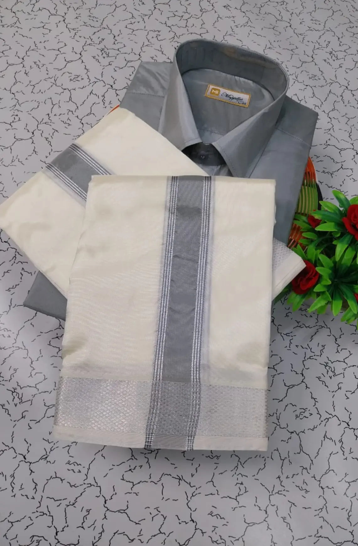 Premium Silk Dhoti Set with Colour Zari - Steel Grey