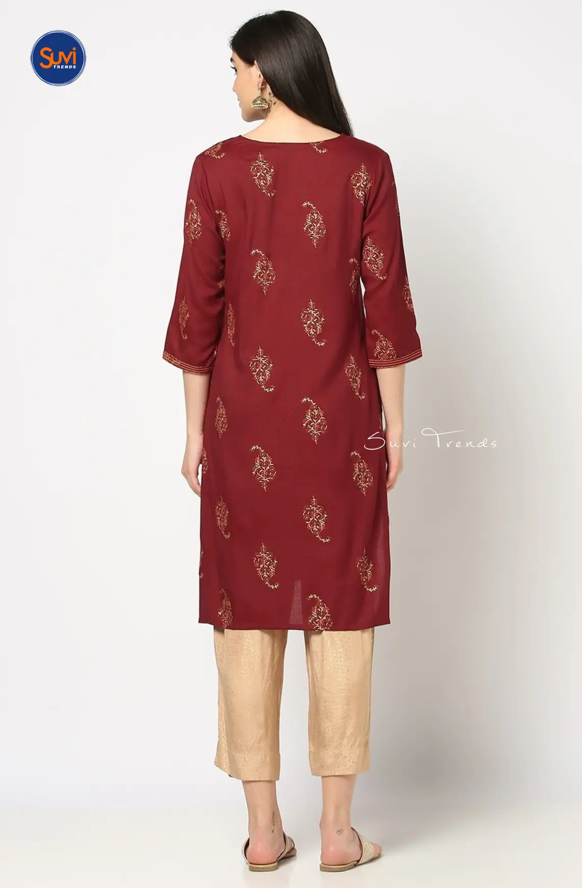 Printed Straight Kurta with Tassels - Maroon