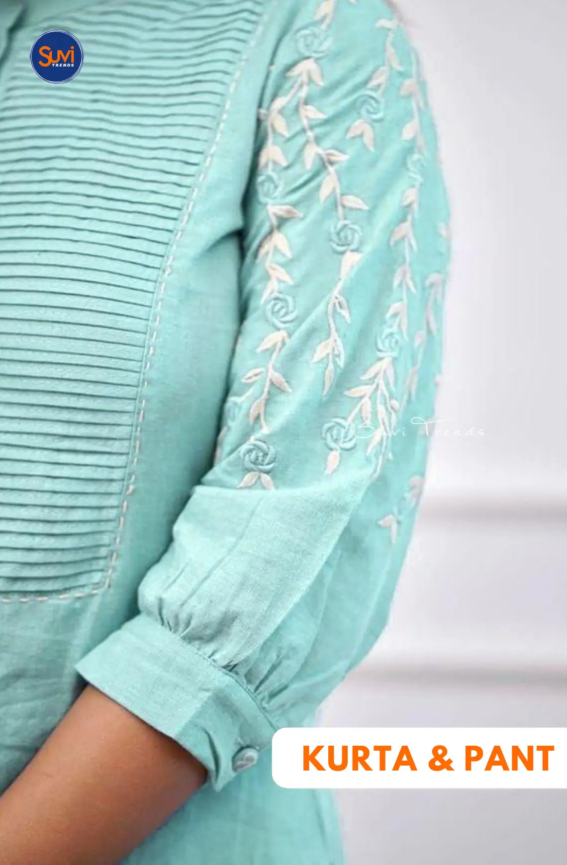 Pure Cotton Embroidered Kurta with Pant - Turquoise