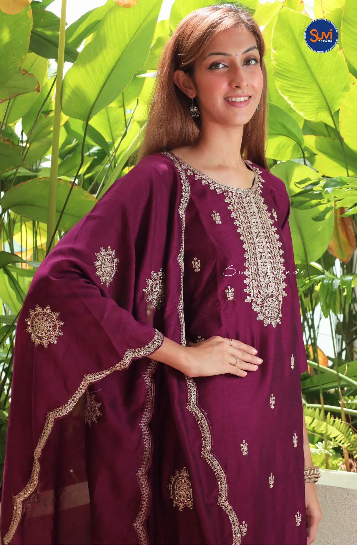 Pure Muslin Suit Set with Heavy Embellishment - Magenta