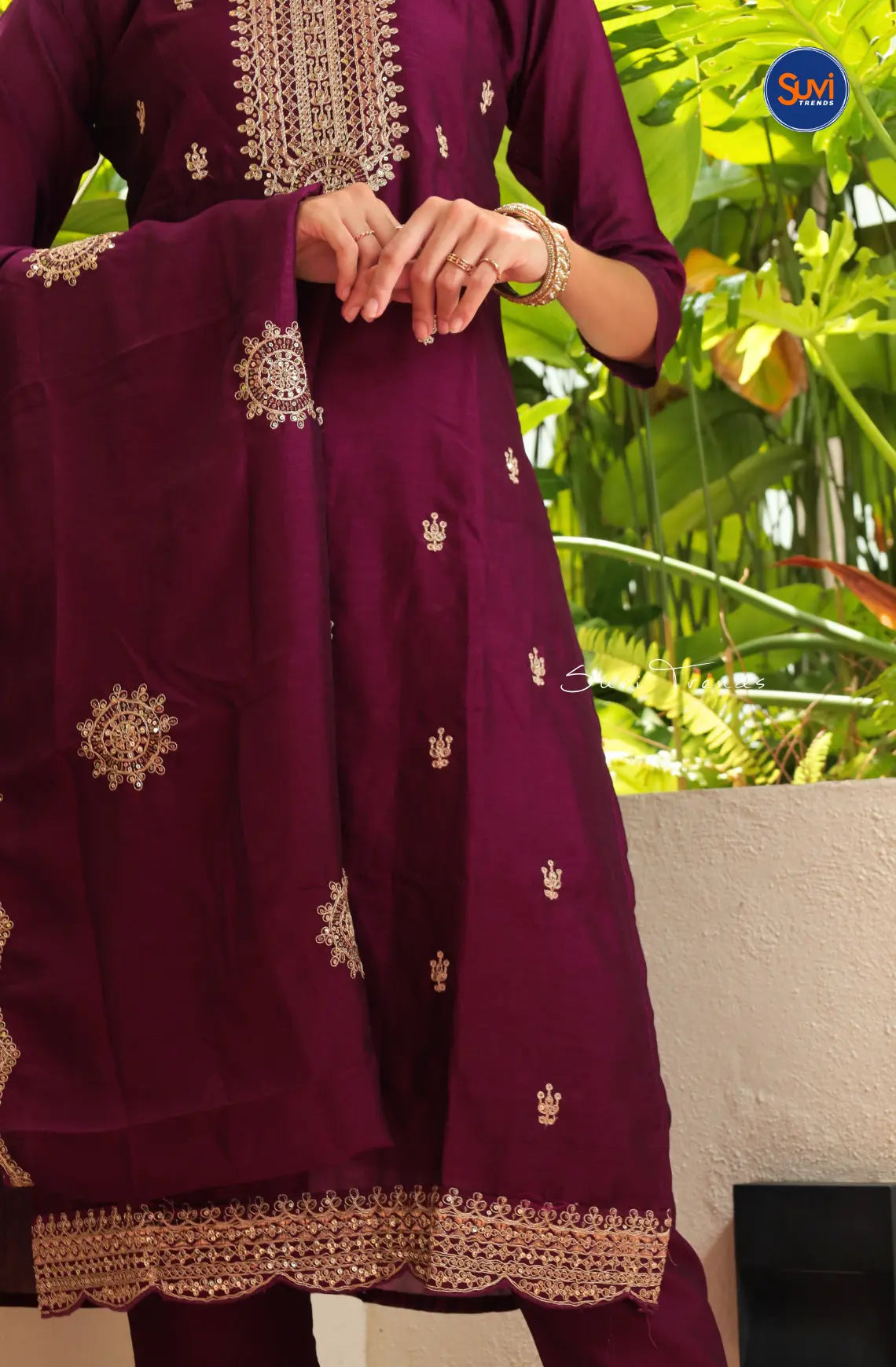Pure Muslin Suit Set with Heavy Embellishment - Magenta