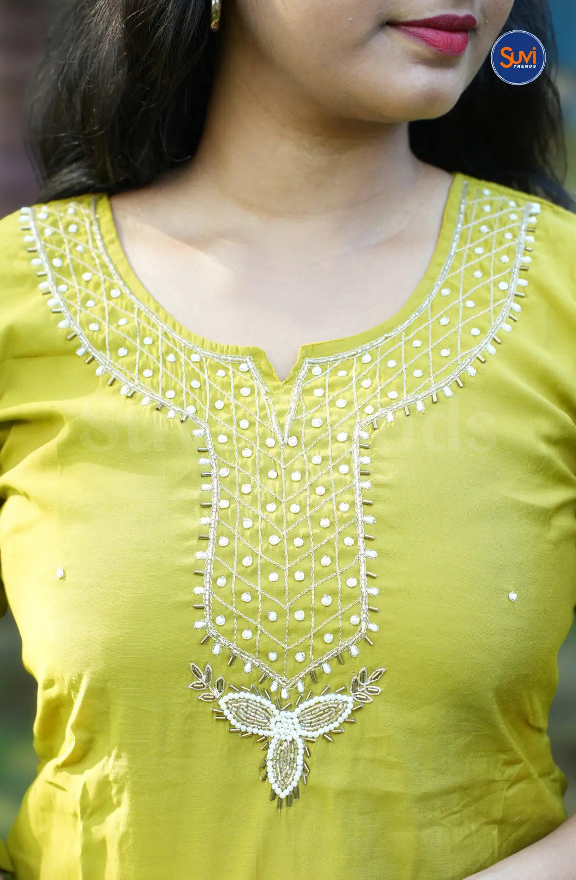 Roman Silk Suit Set with Embellished Neckline - Lemon Yellow